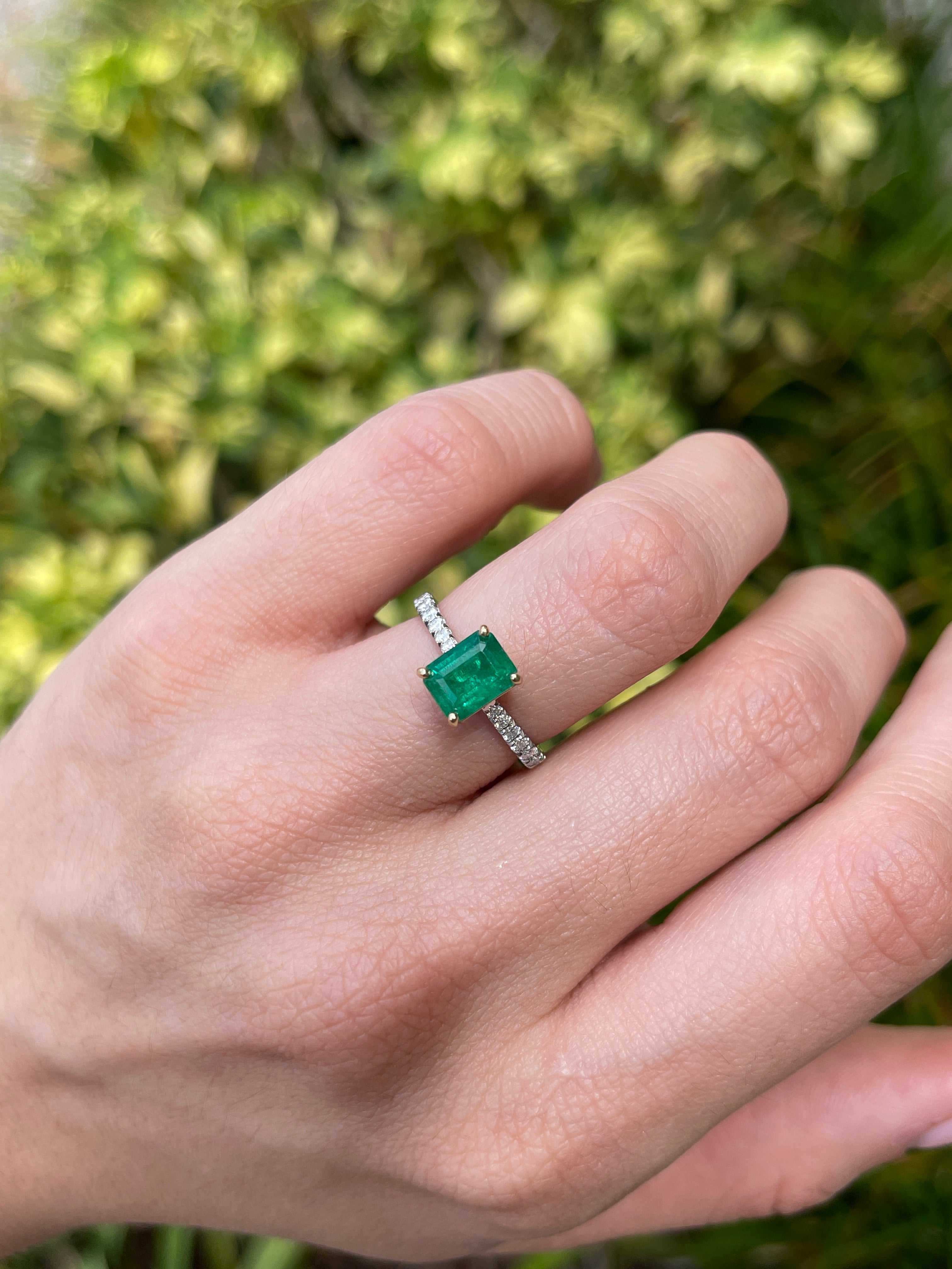 2.10tcw 14K/PLAT Natural Vivid Green Emerald & LAB Diamond Accent Engagement Ring - JR Colombian Emeralds