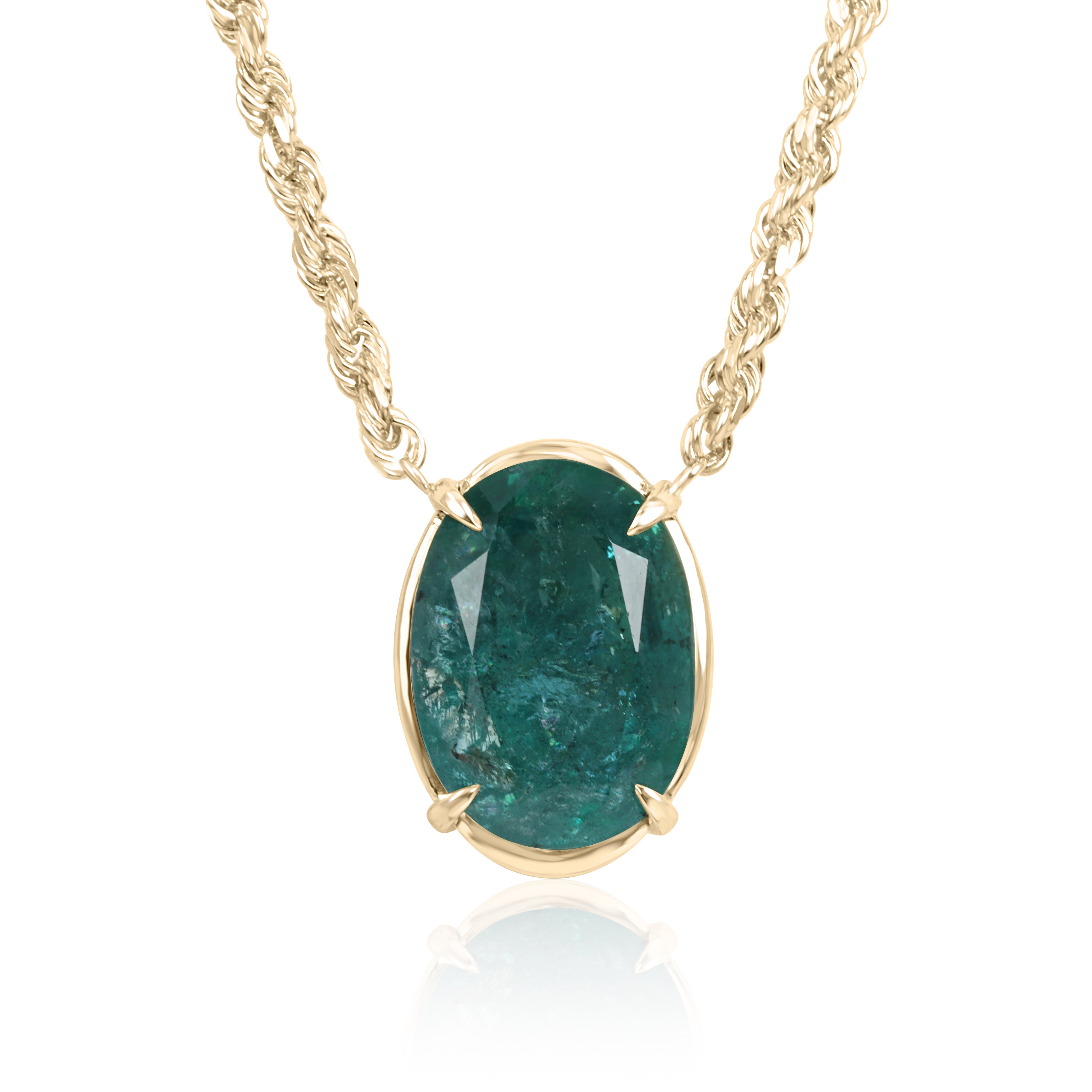 9 Carat oval emerald solitaire necklace in 14K yellow gold, featuring a stunning Colombian emerald pendant.