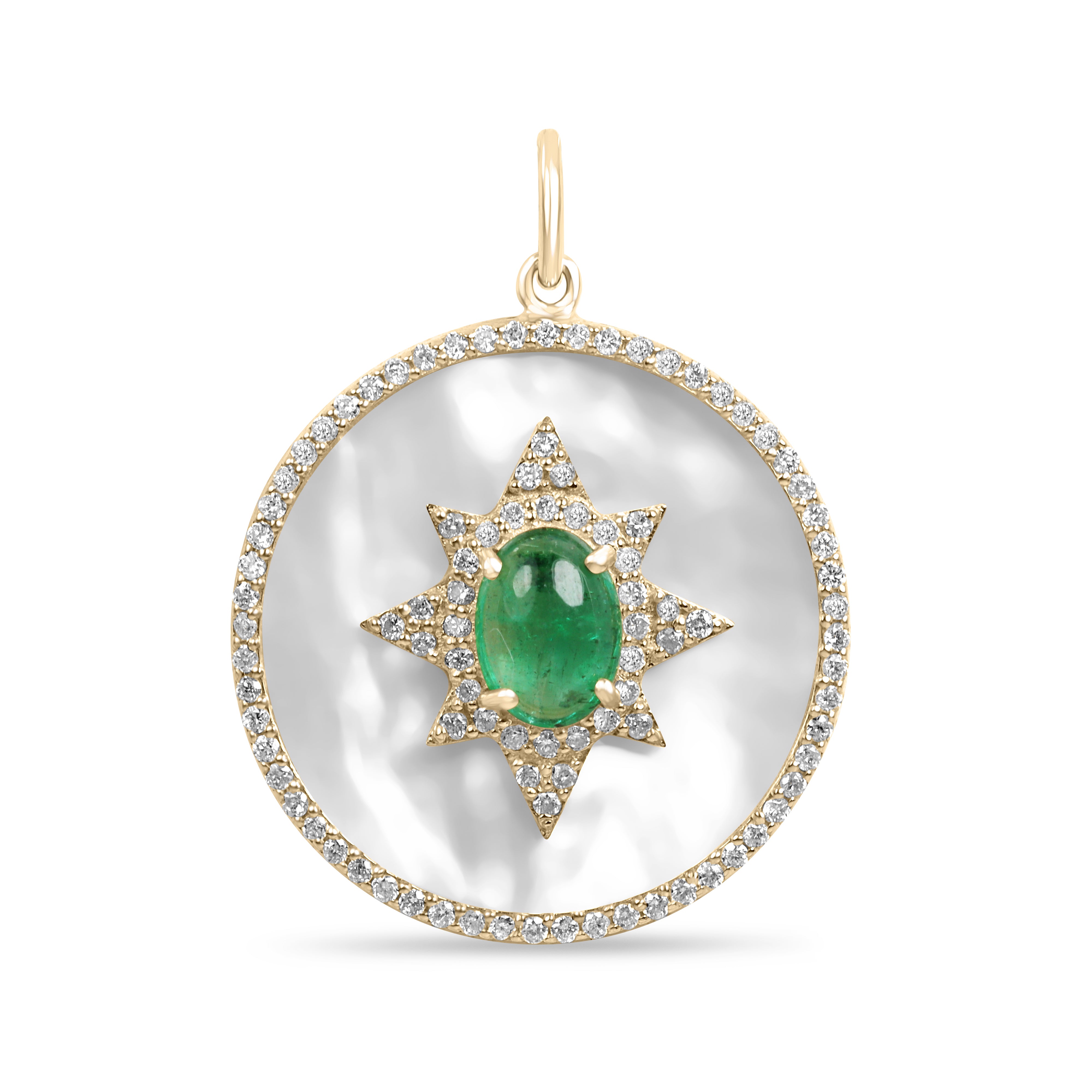 9.89tcw 14K gold starburst medallion with emerald cabochon, mother of pearl, and diamond halo by JR Colombian Emeralds