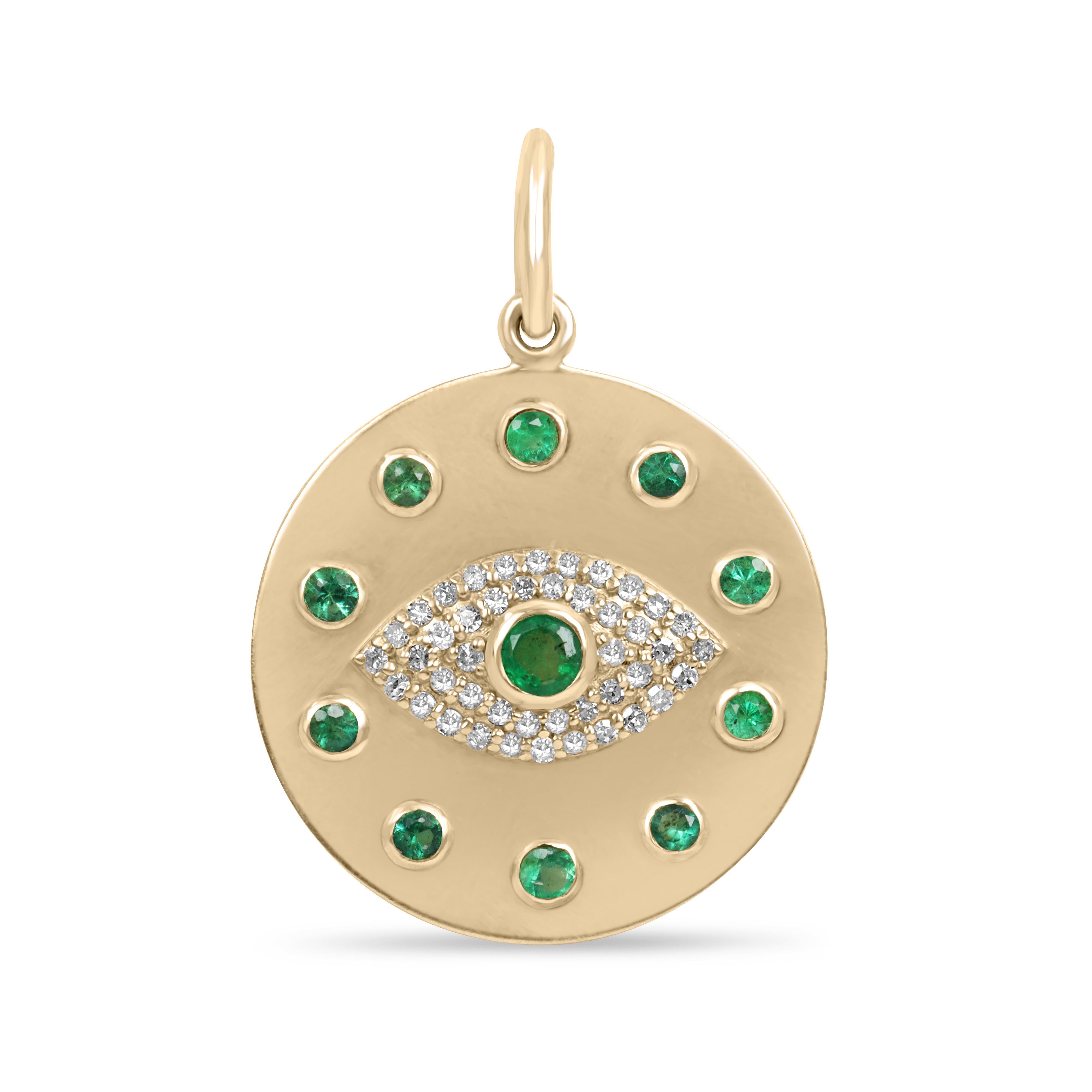 14K gold emerald and diamond evil eye charm pendant with natural emeralds, designed for protection, by JR Colombian Emeralds.