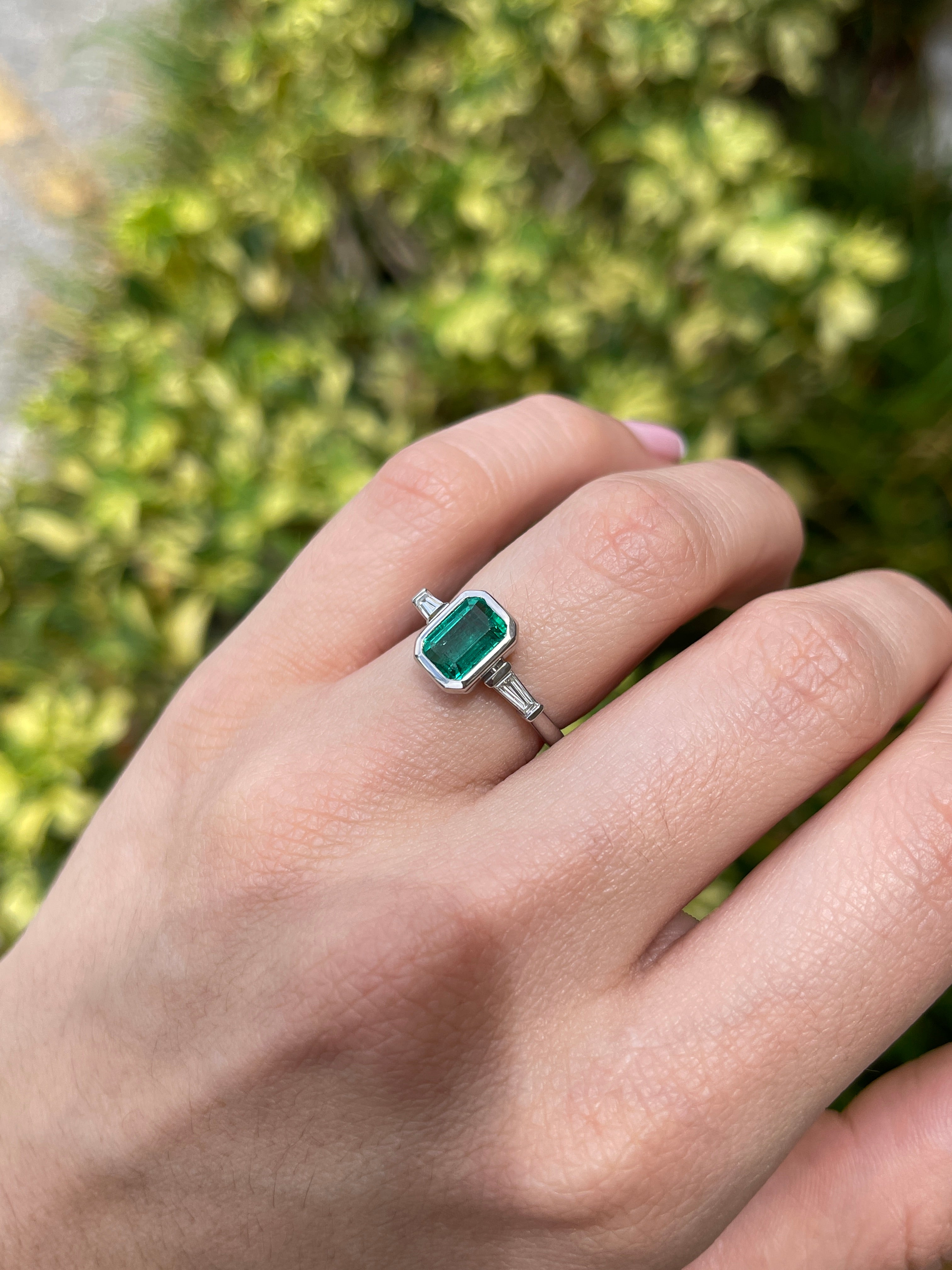 2.03tcw 14K Natural Vivid Emerald Cut Emerald & LAB Diamond Tapered Baguette Three Stone Engagement Ring - JR Colombian Emeralds