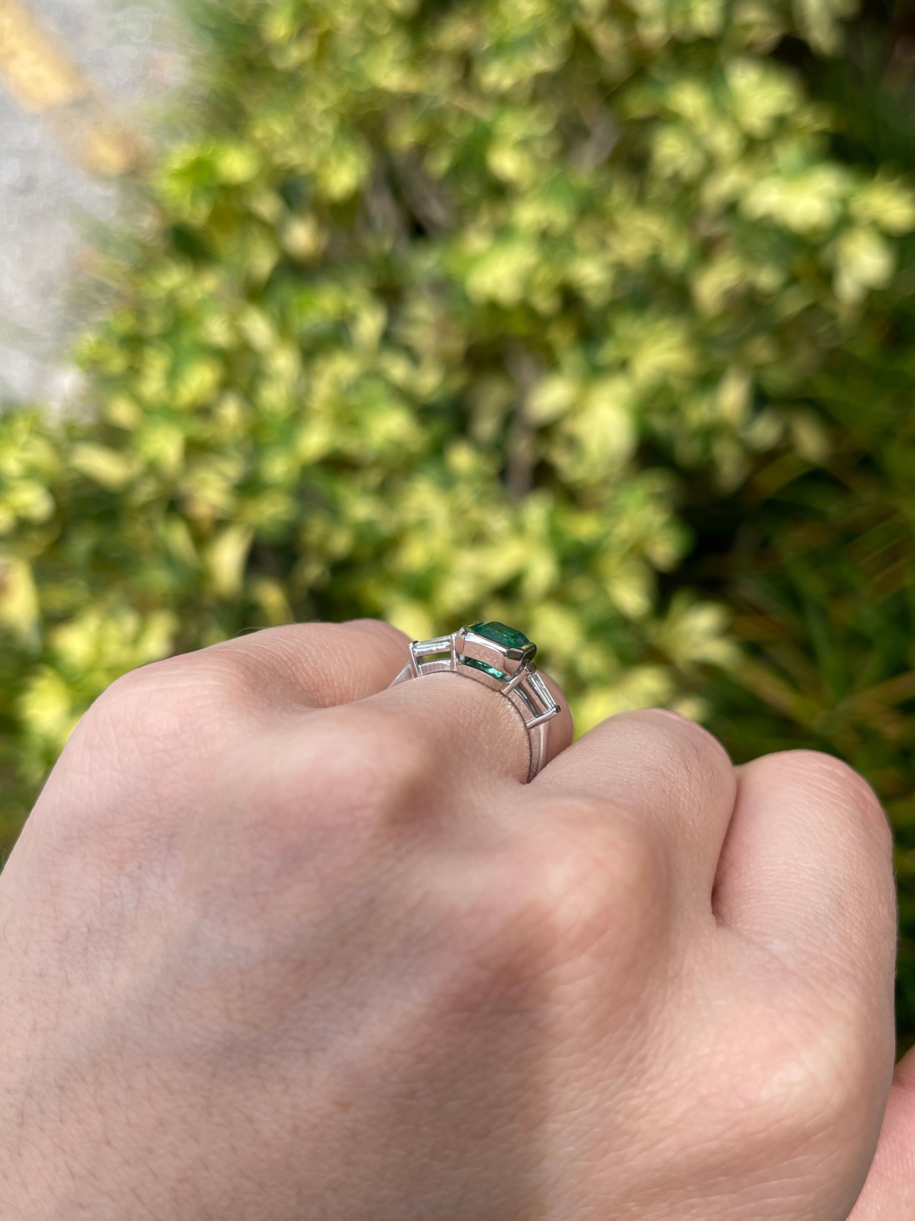 2.03tcw 14K Natural Vivid Emerald Cut Emerald & LAB Diamond Tapered Baguette Three Stone Engagement Ring - JR Colombian Emeralds