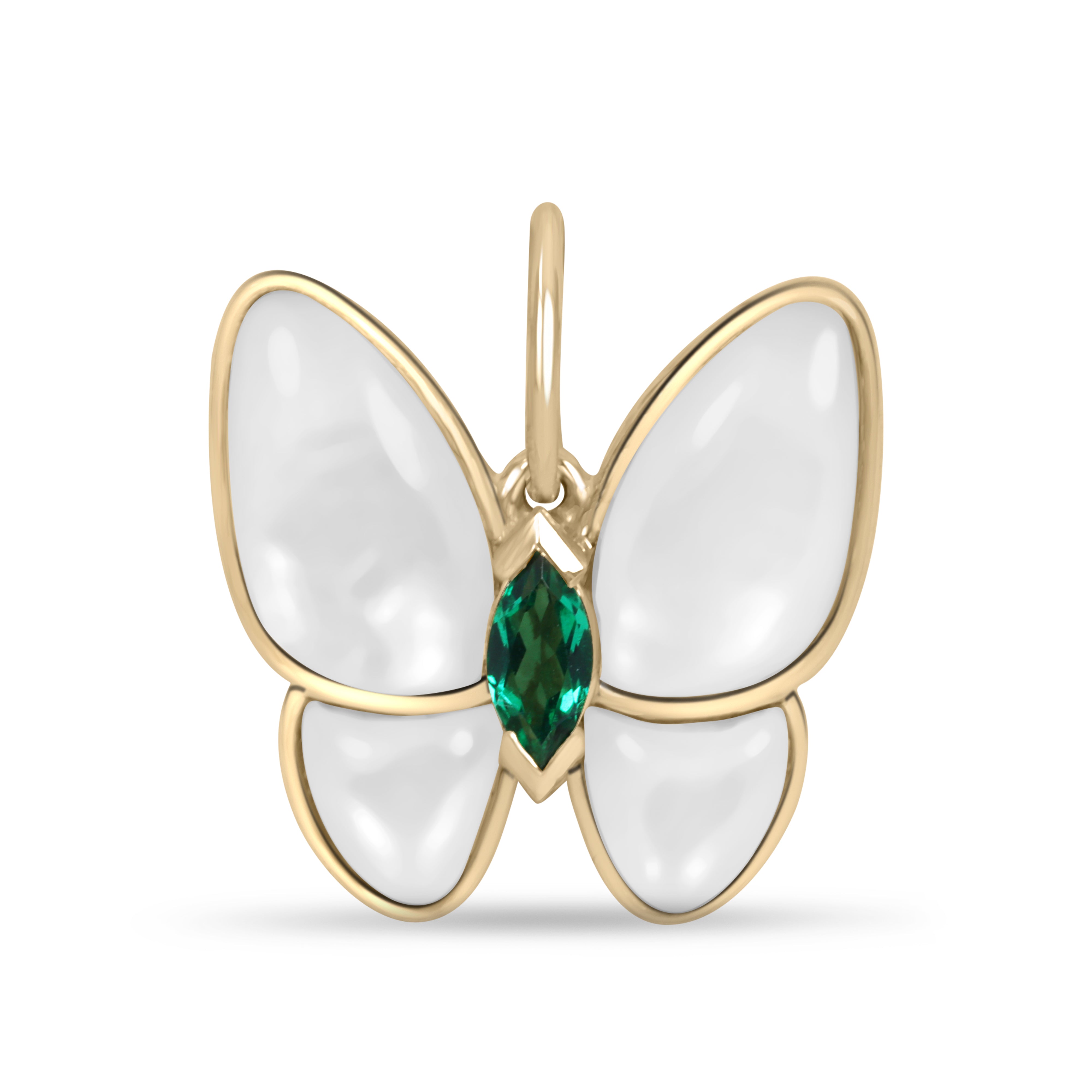 14K gold butterfly pendant featuring 2.90tcw marquise emeralds and mother of pearl accents, crafted by JR Colombian Emeralds.