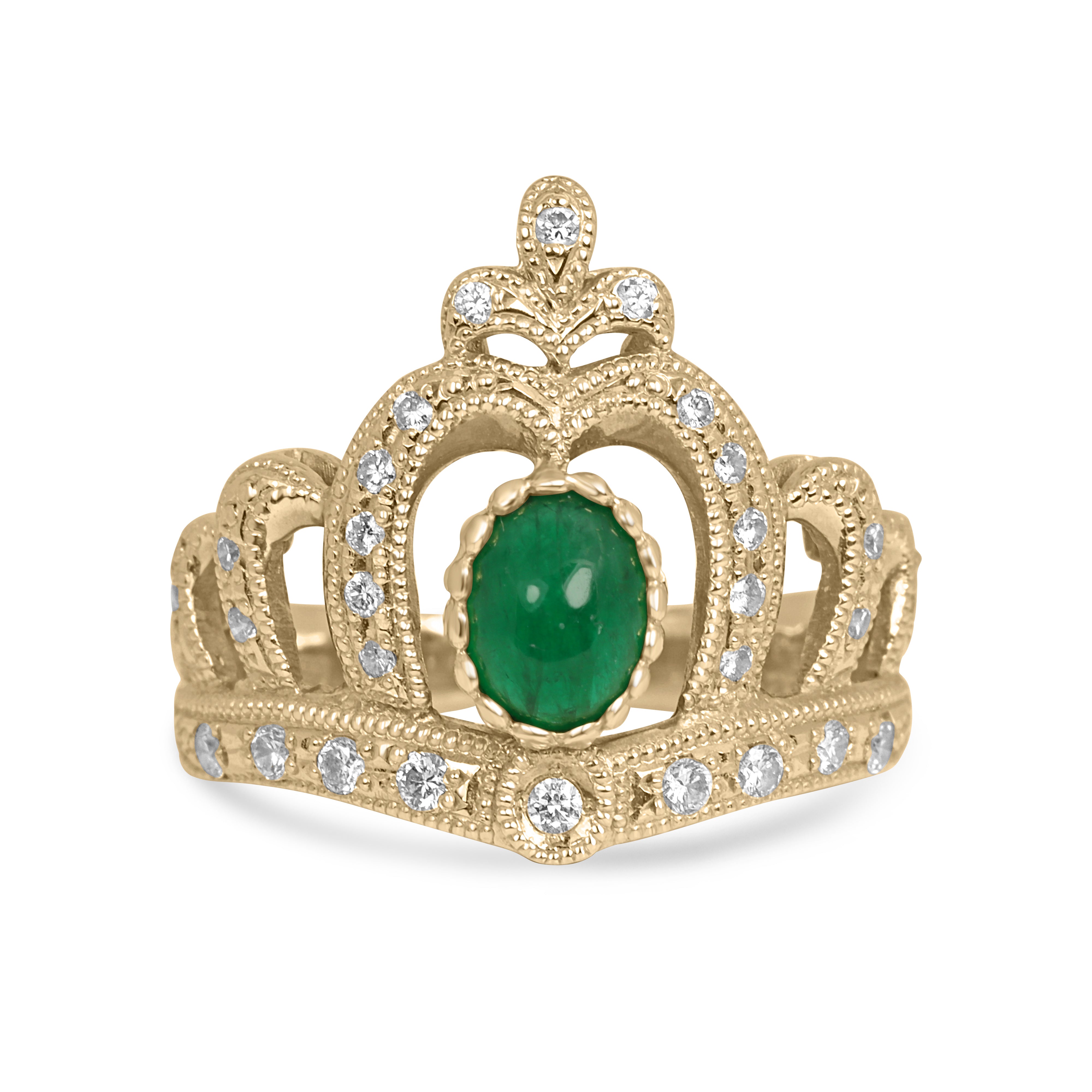 0.95tcw 20K Gold Cabochon Emerald & Diamond Accented Crown Ring