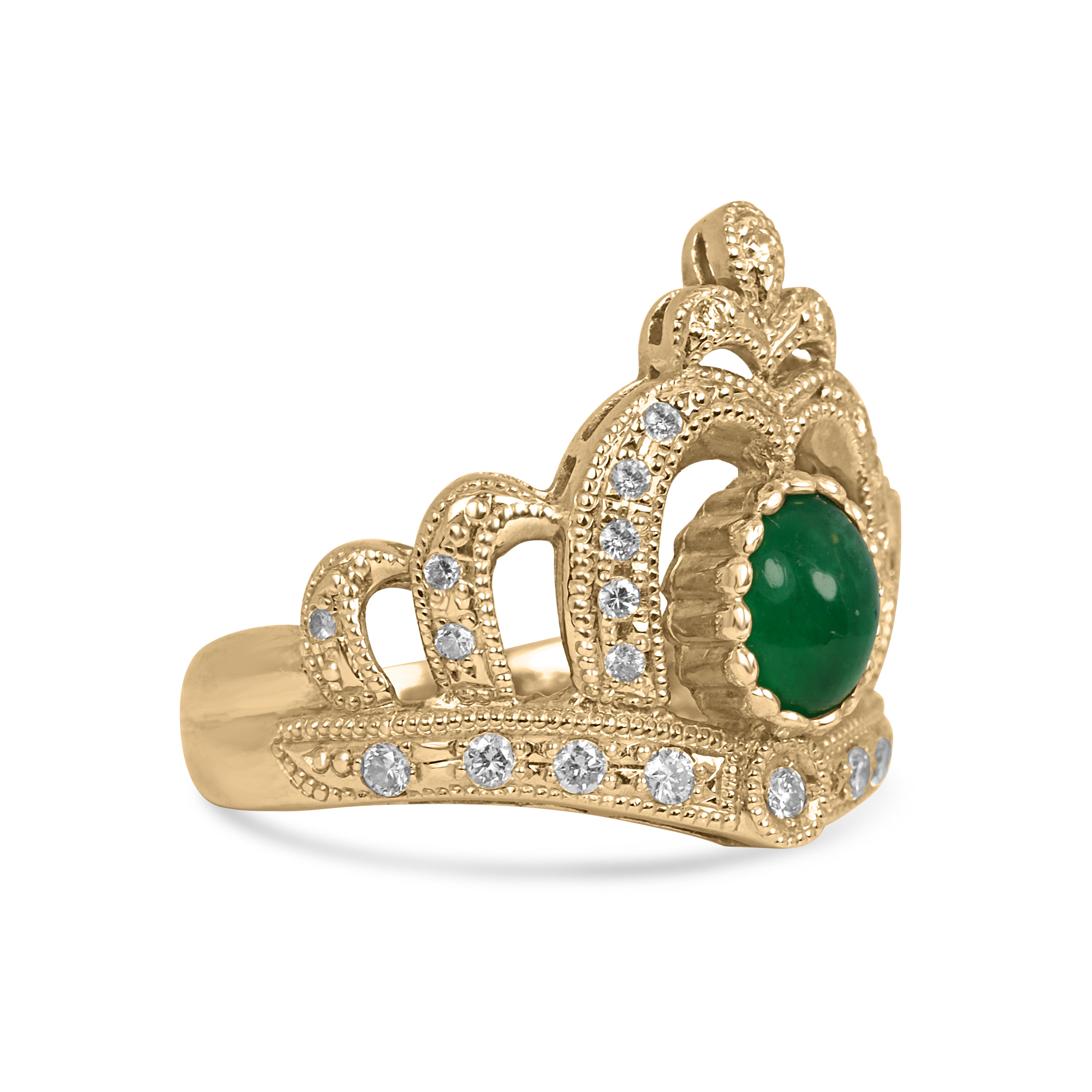 0.95tcw 20K Gold Cabochon Emerald & Diamond Accented Crown Ring