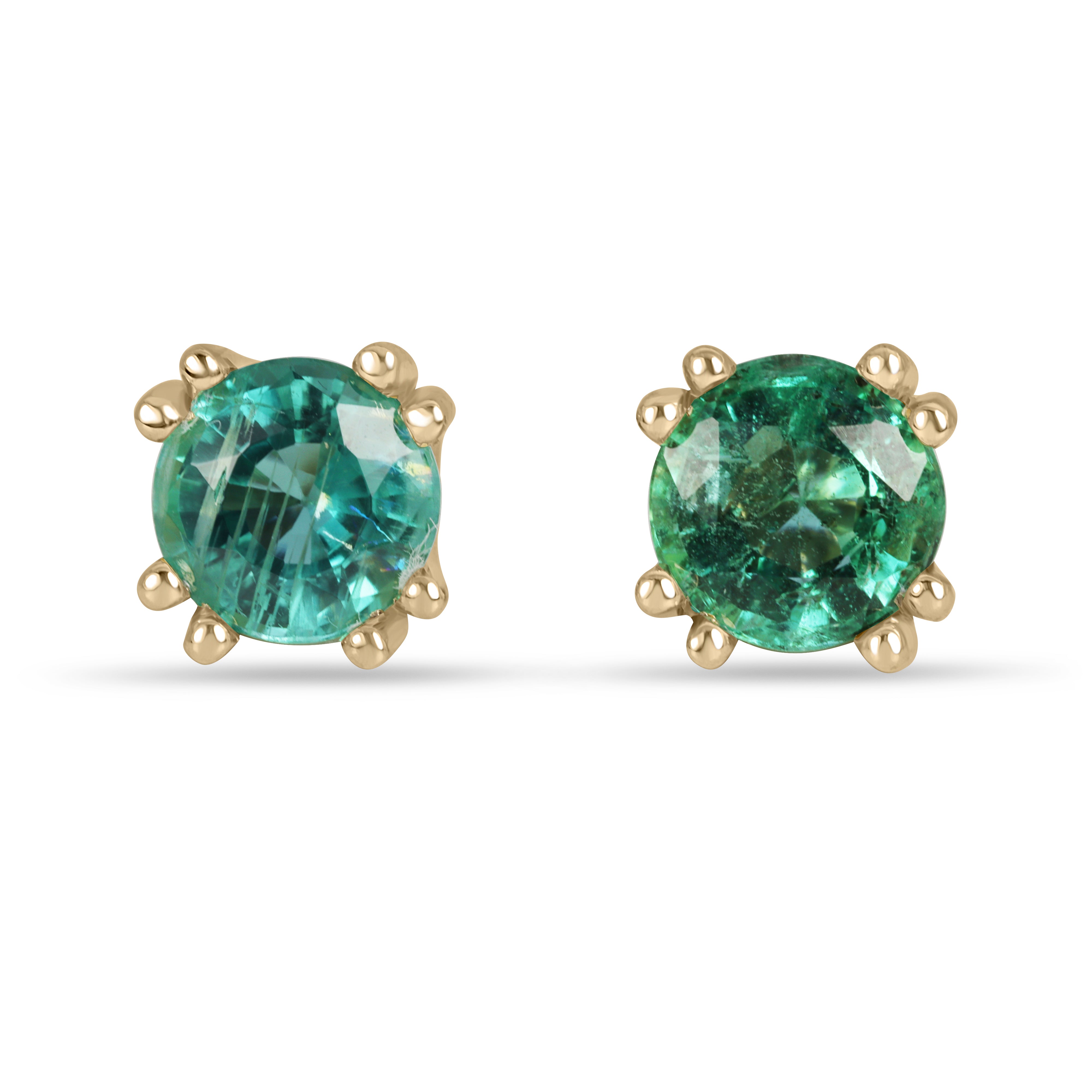 14K double prong round emerald stud earrings with 1.80tcw from JR Colombian Emeralds, showcasing vibrant green gemstones.