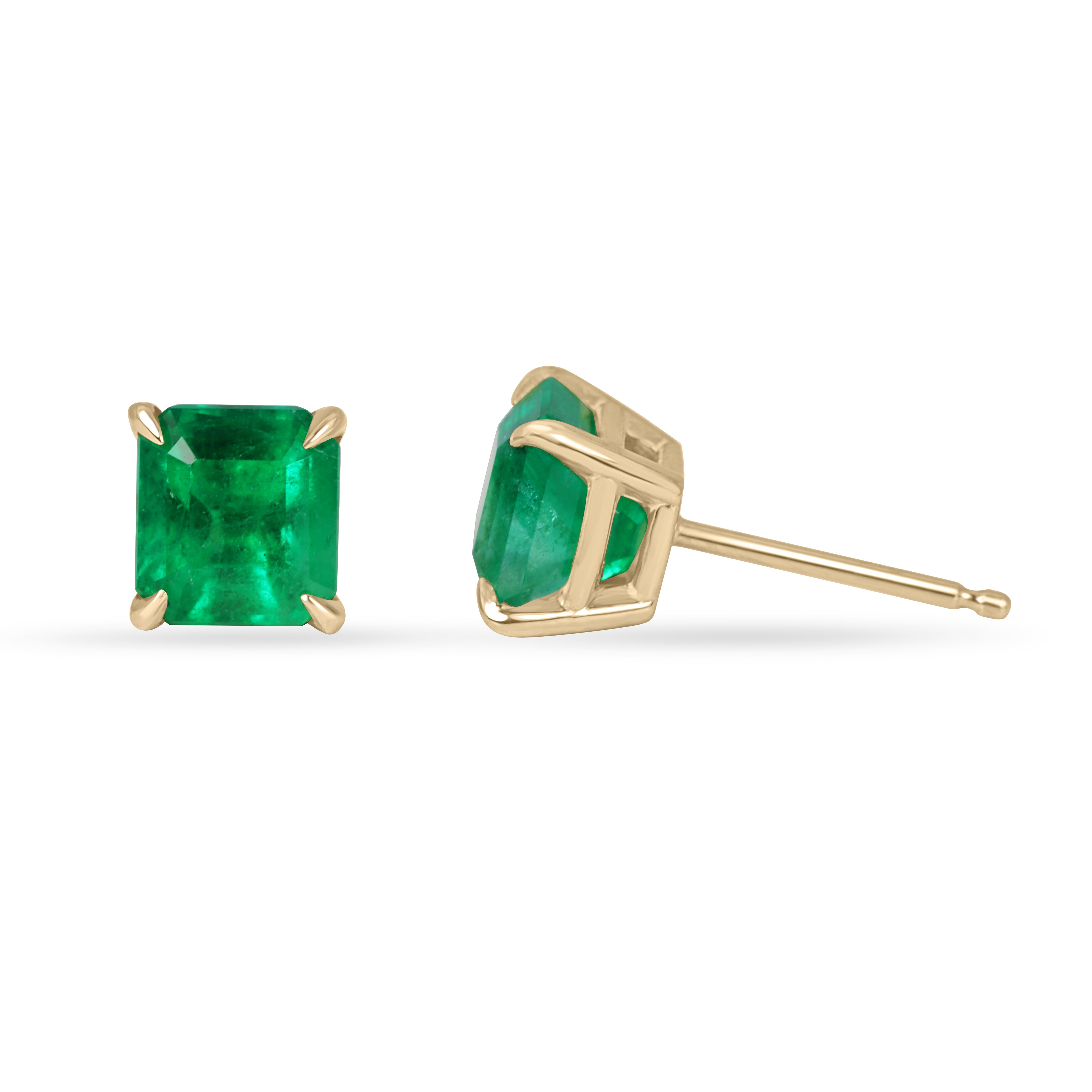 Pair of 2.02tcw AAA+ Asscher cut Colombian emerald stud earrings, 5.5mm, set in 18K gold, by JR Colombian Emeralds.