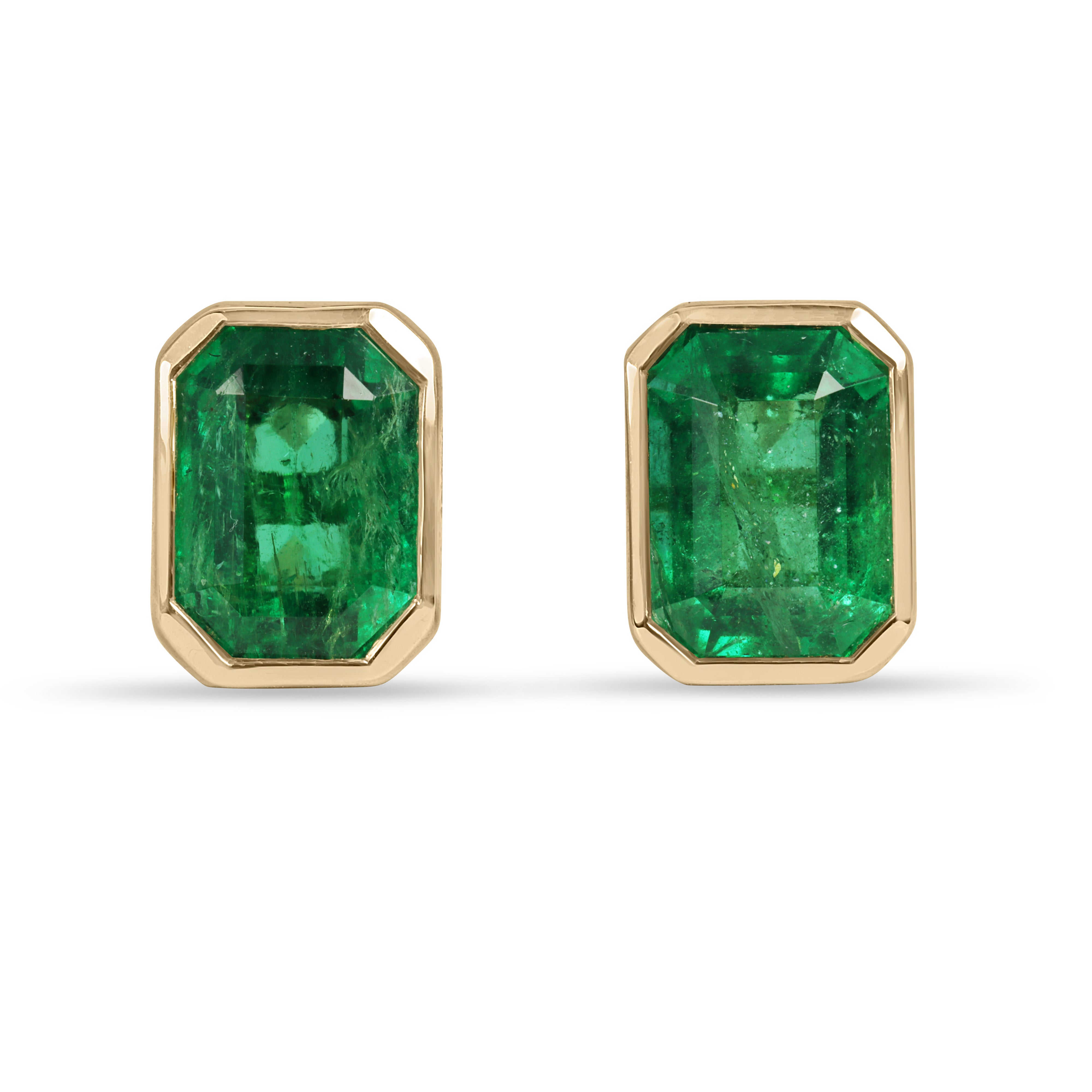 18K emerald stud earrings featuring 3.33tcw Angelina Jolie bezel set Colombian emeralds by JR Colombian Emeralds.