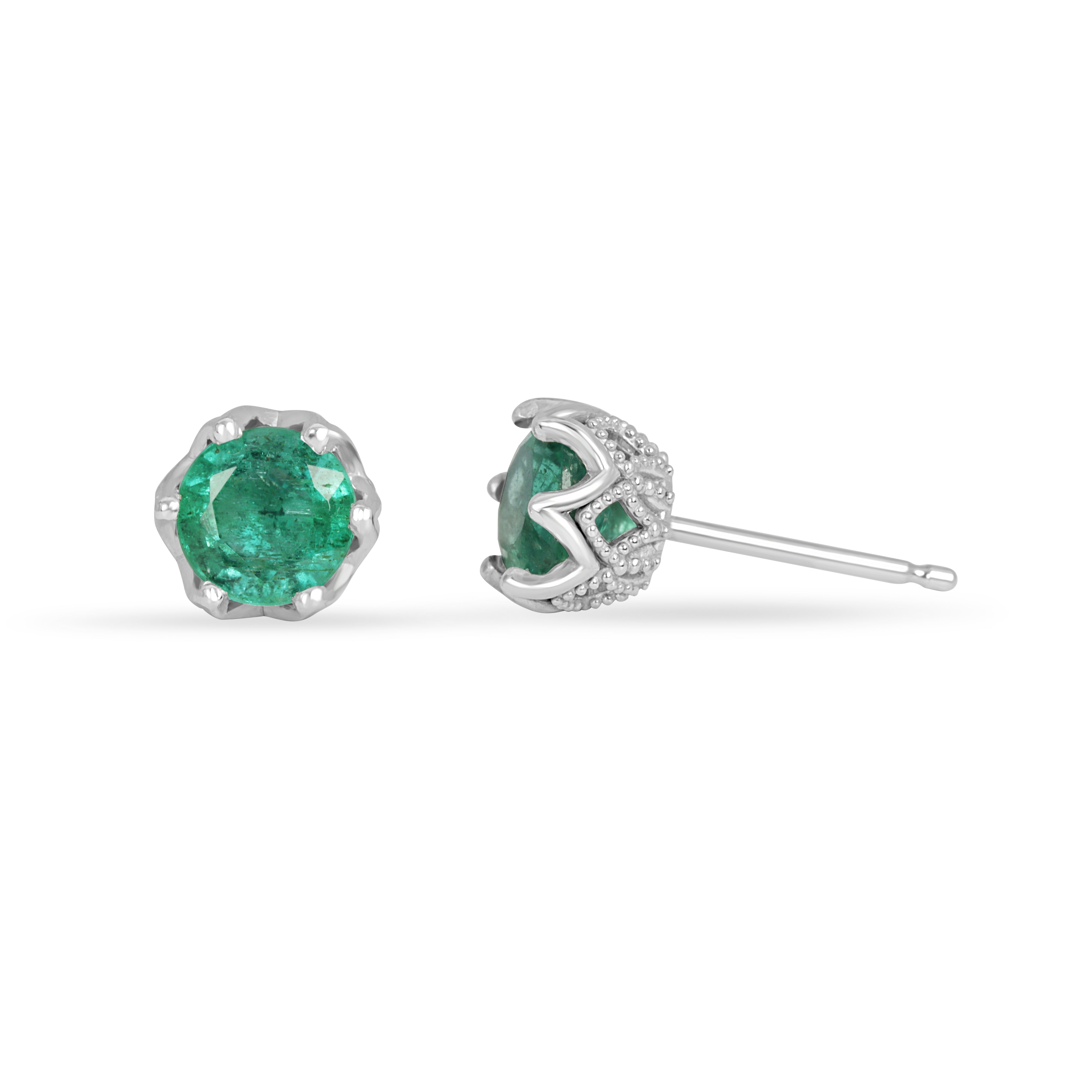 14K white gold round 1.50tcw multiprong stud earrings by JR Colombian Emeralds, showing polished finish and secure posts.