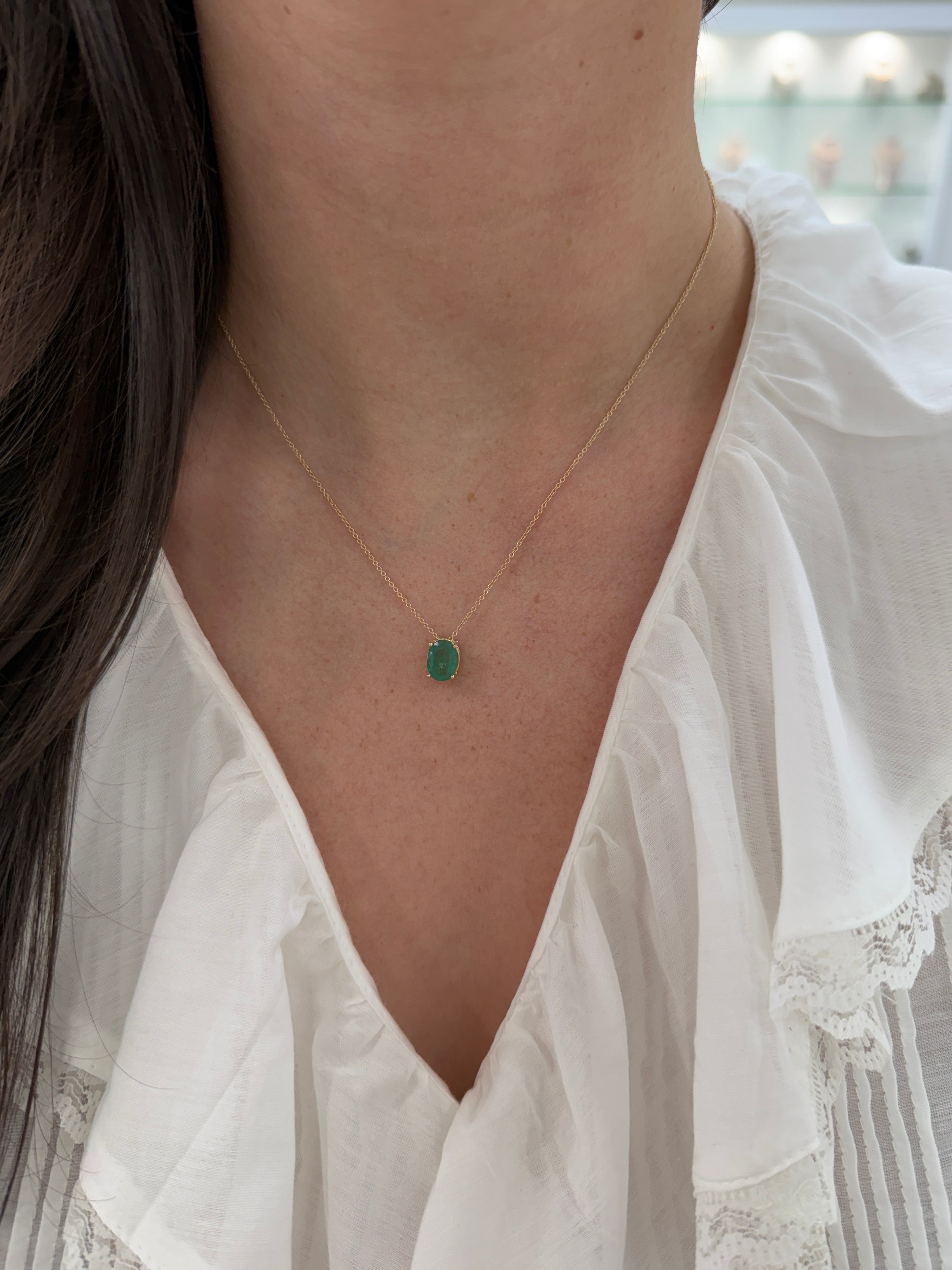 14K gold solitaire emerald oval slider necklace with 2.15 carat emerald pendant, convertible jewelry by JR Colombian Emeralds.