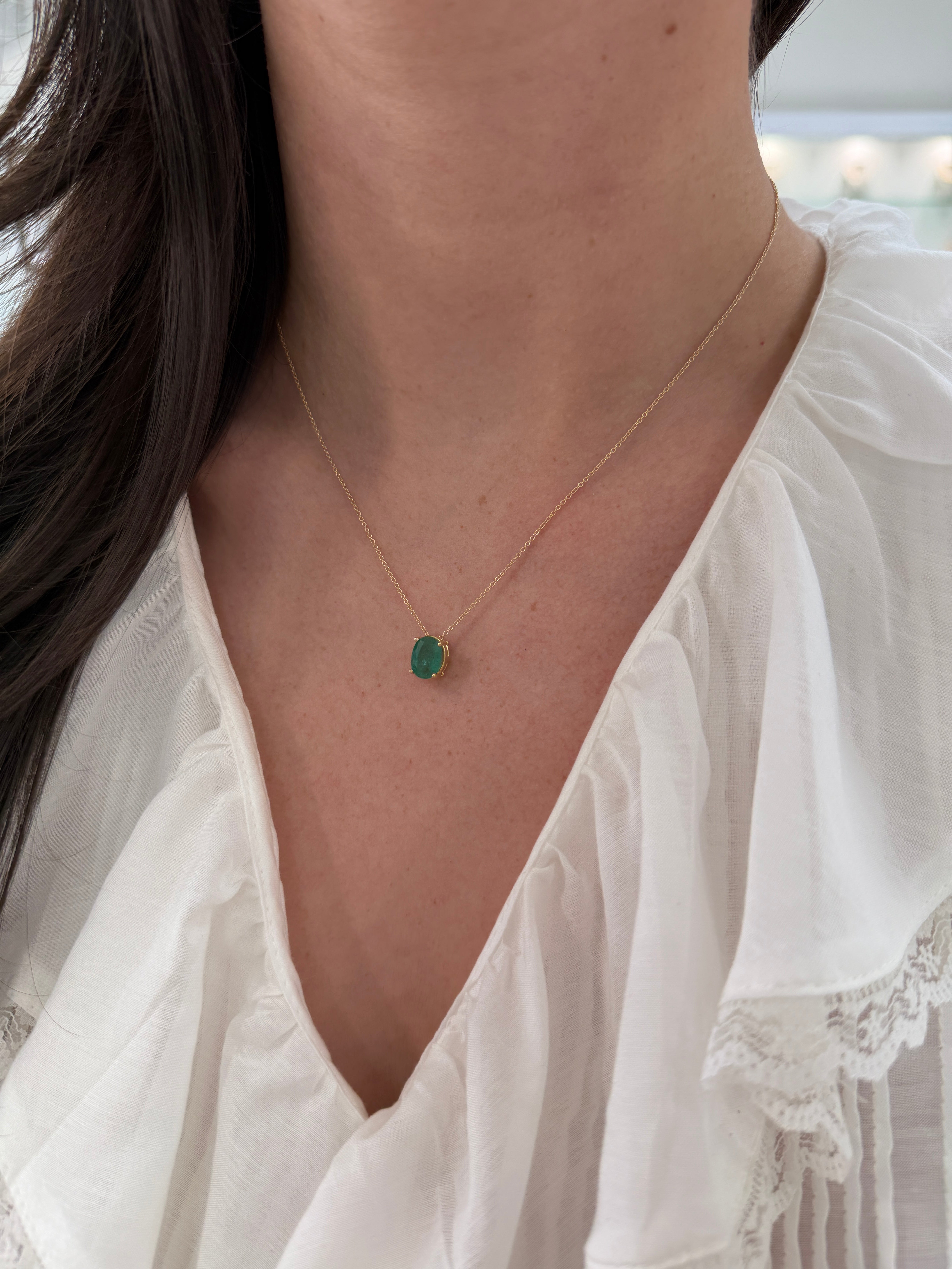 Emerald oval slider necklace with 2.15 carat solitaire emerald, 14K gold, featuring a convertible design by JR Colombian Emeralds.