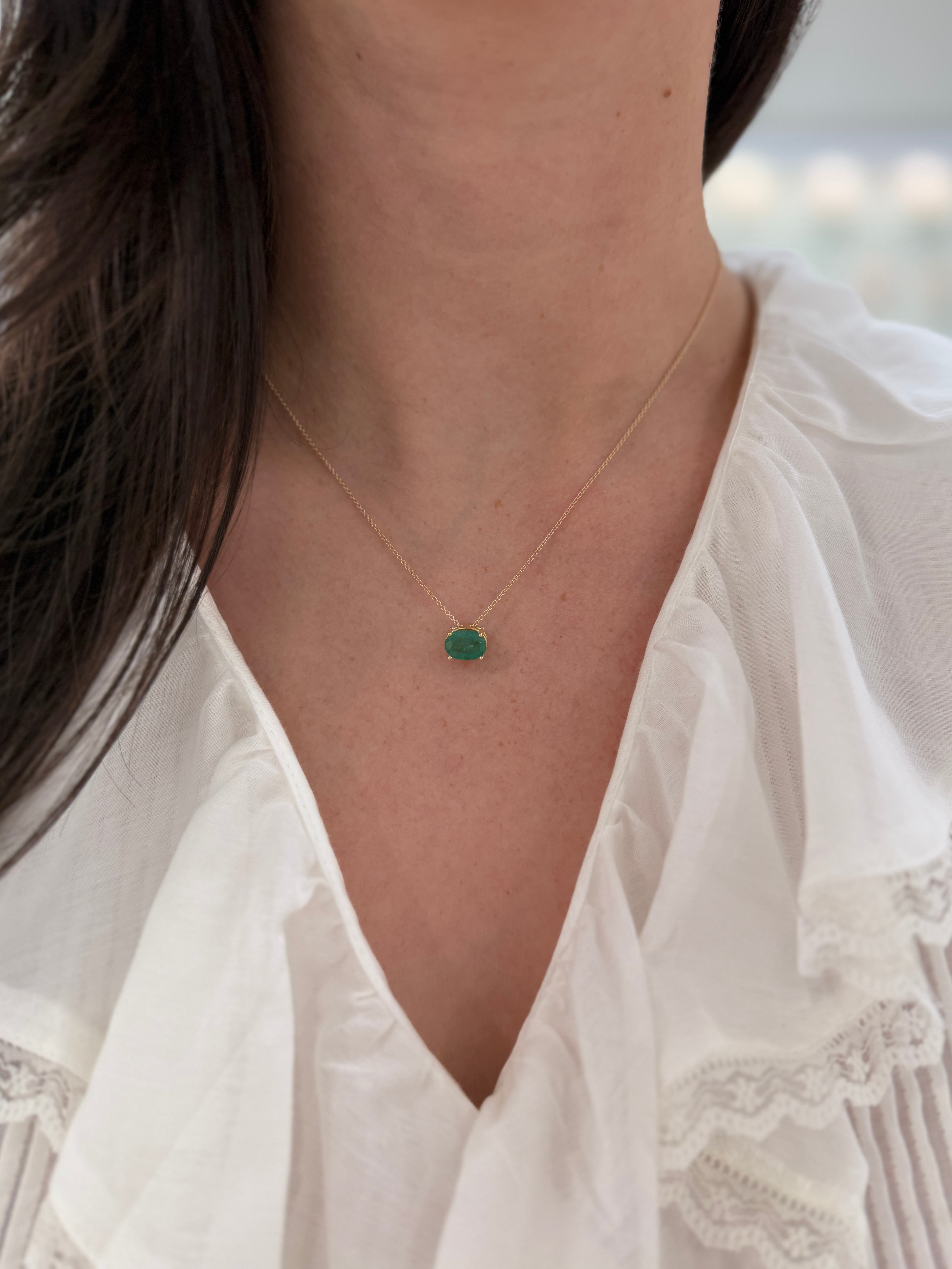 2.15 carat solitaire emerald oval slider necklace in 14K gold featuring a JR Colombian Emeralds pendant on a delicate chain