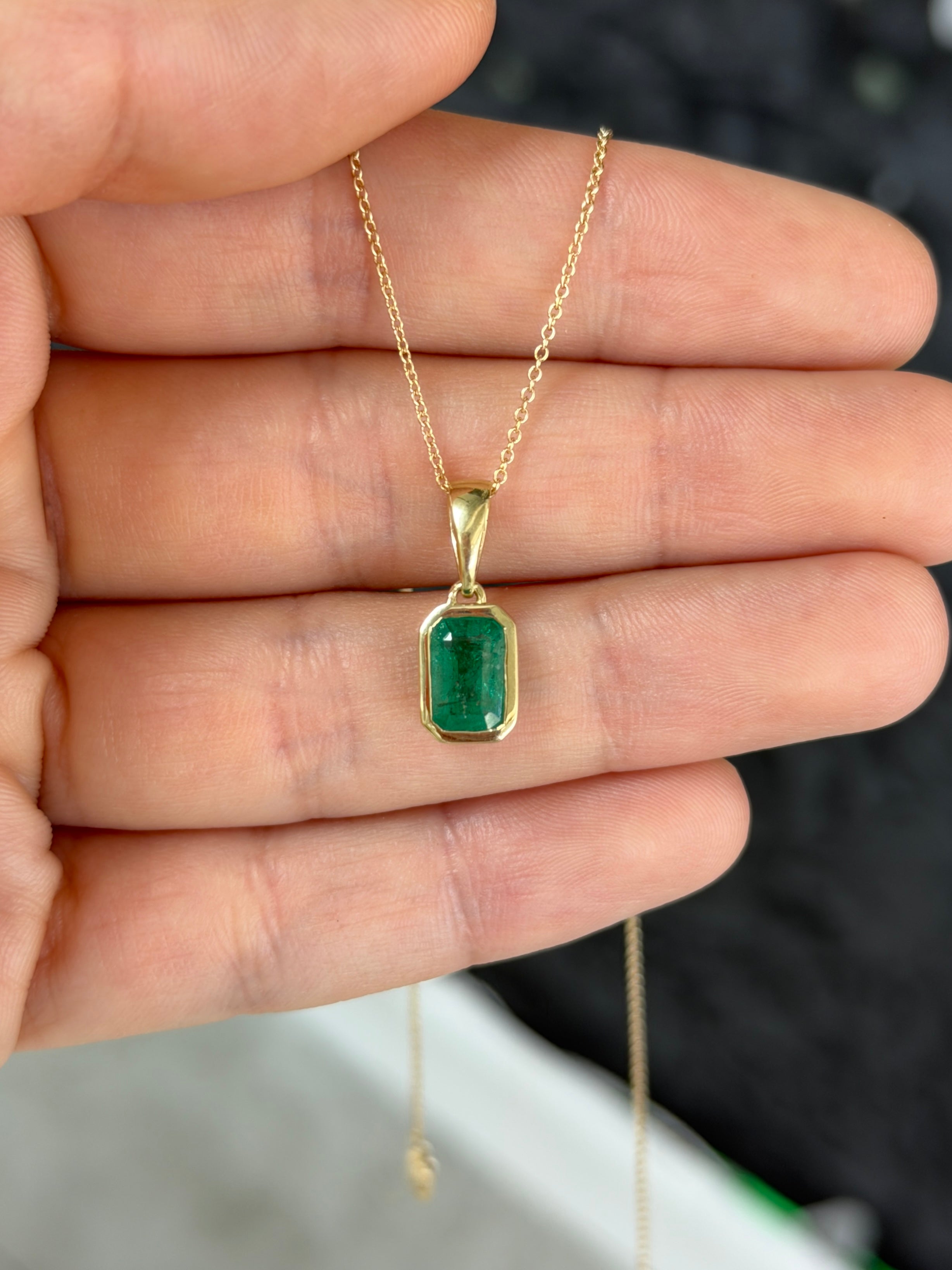 14K natural emerald bezel necklace featuring a 1.80ct emerald pendant with a large bail, crafted by JR Colombian Emeralds.