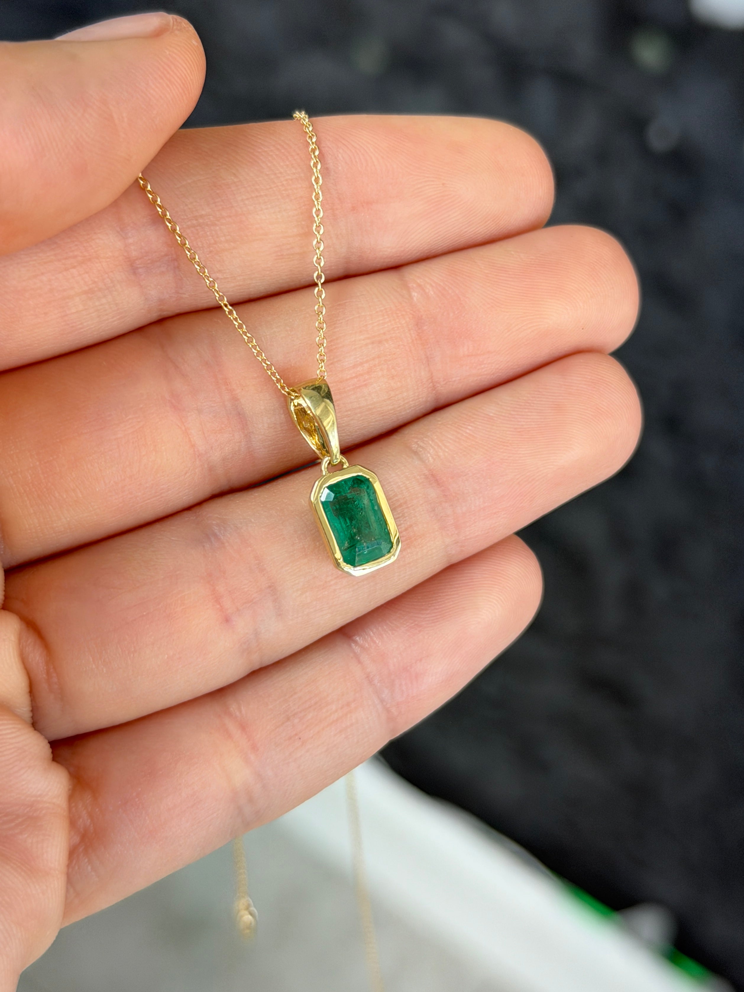 14K natural emerald bezel necklace with large bail, featuring a 1.80ct emerald pendant by JR Colombian Emeralds.
