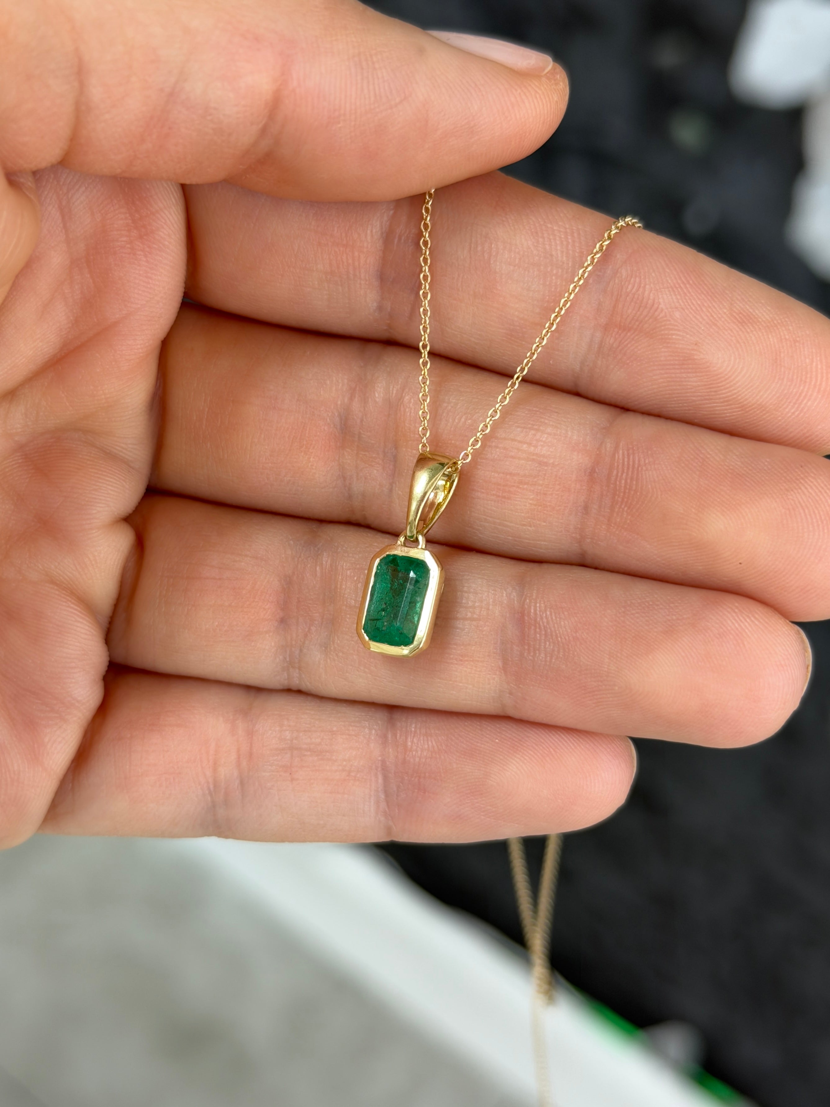 14K natural emerald bezel necklace with large bail, featuring a 1.80ct emerald pendant from JR Colombian Emeralds.