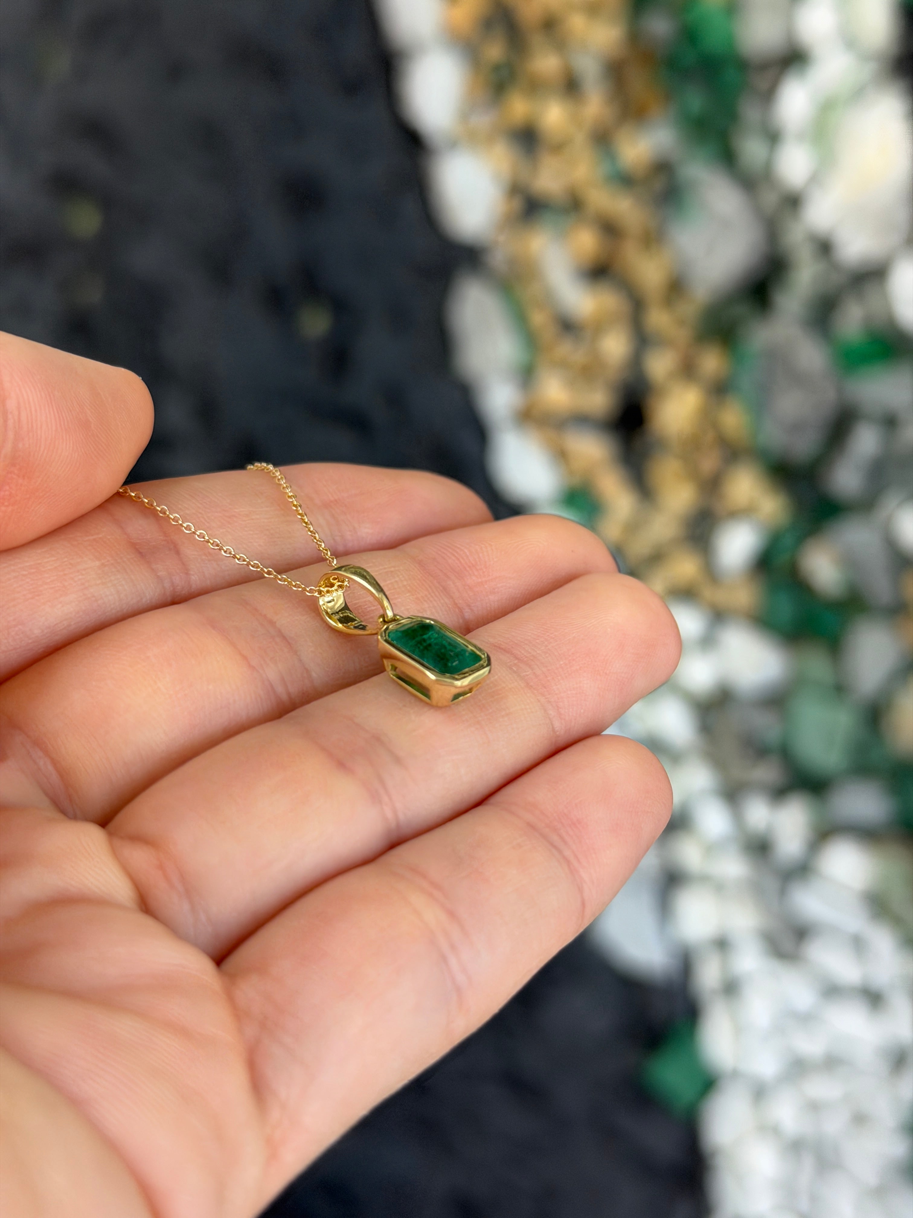 14K gold bezel necklace with 1.80ct natural emerald pendant and large bail, crafted by JR Colombian Emeralds