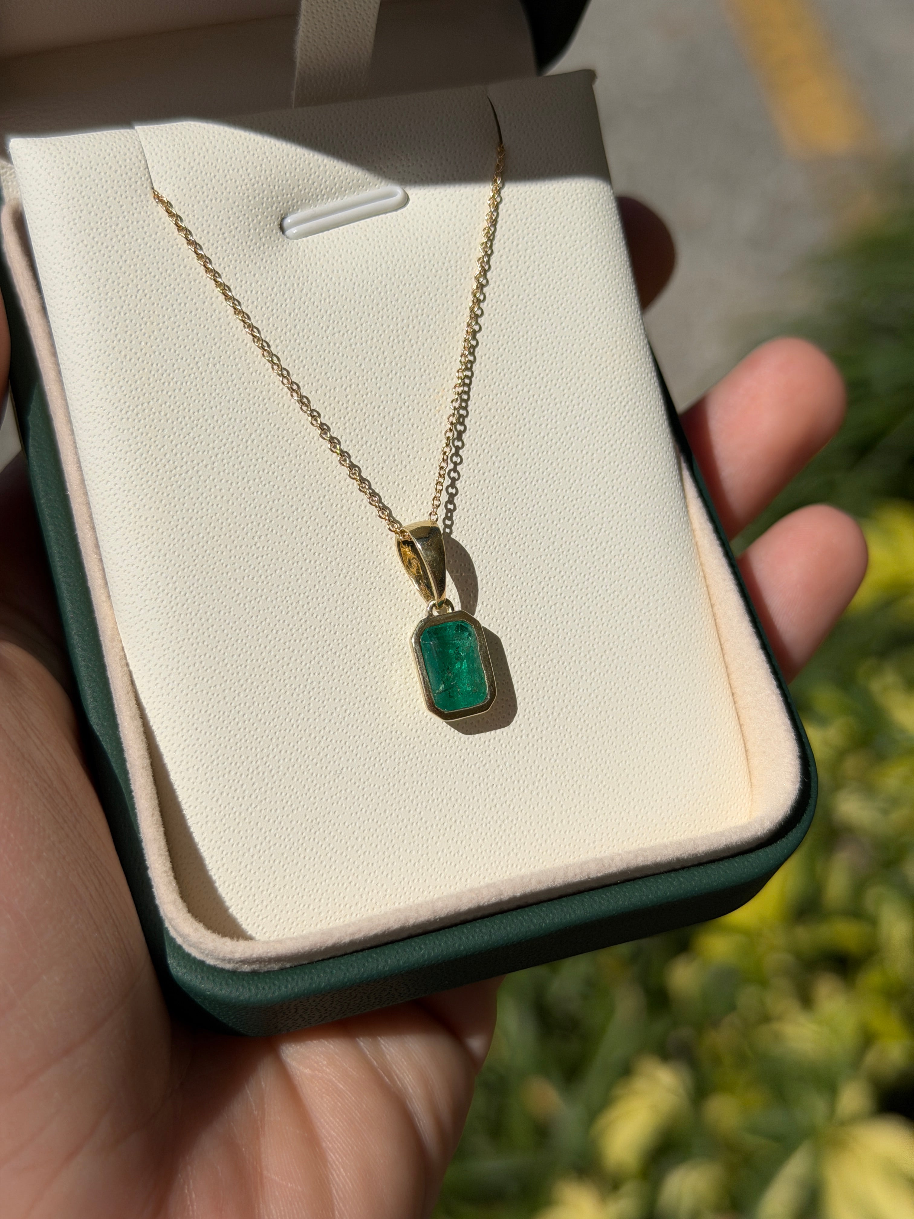 14K natural emerald bezel necklace with large bail, featuring a 1.80ct emerald pendant from JR Colombian Emeralds.