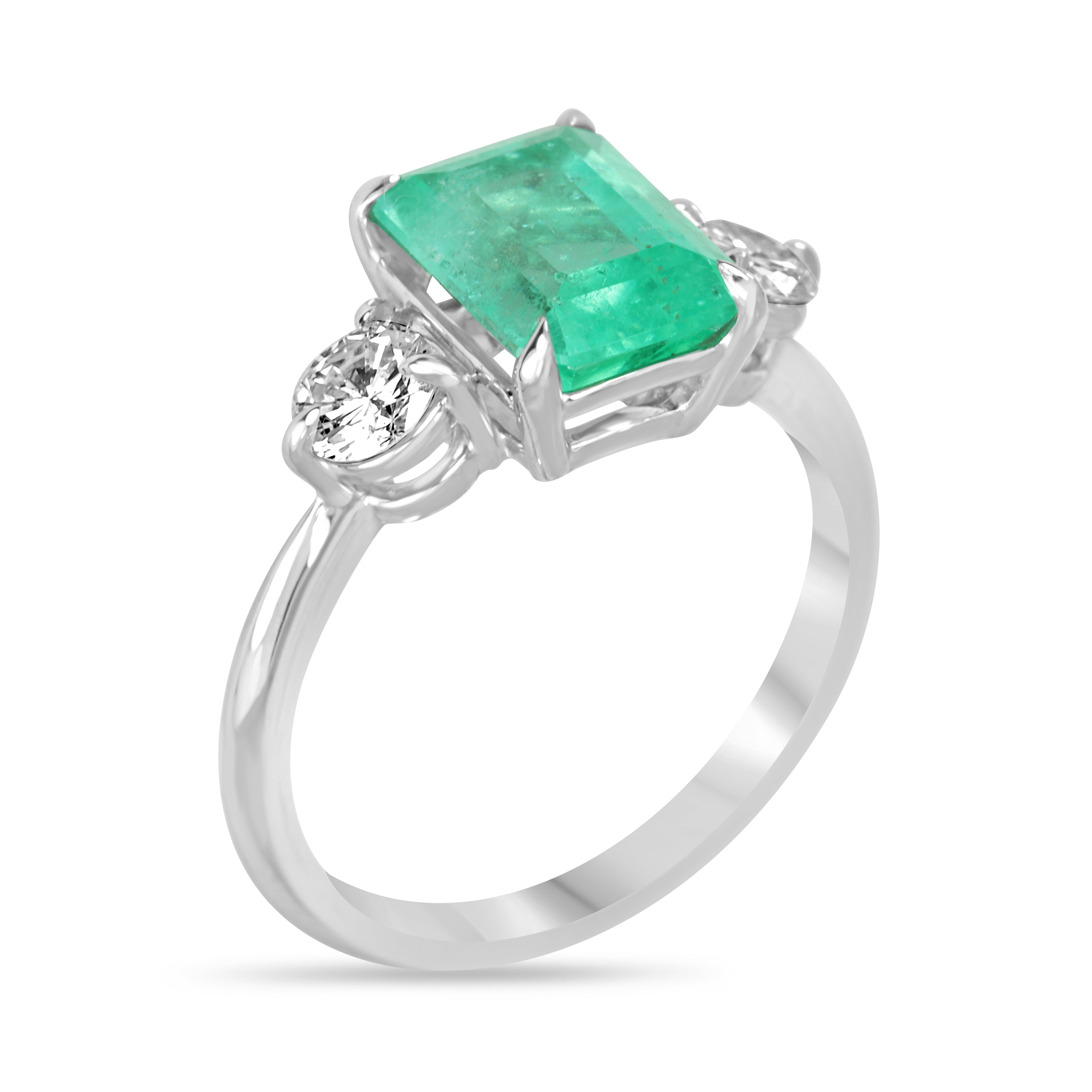 2.95tcw Emerald Cut Colombian Emerald And Diamond Three Stone Engagement Ring 14K White Gold