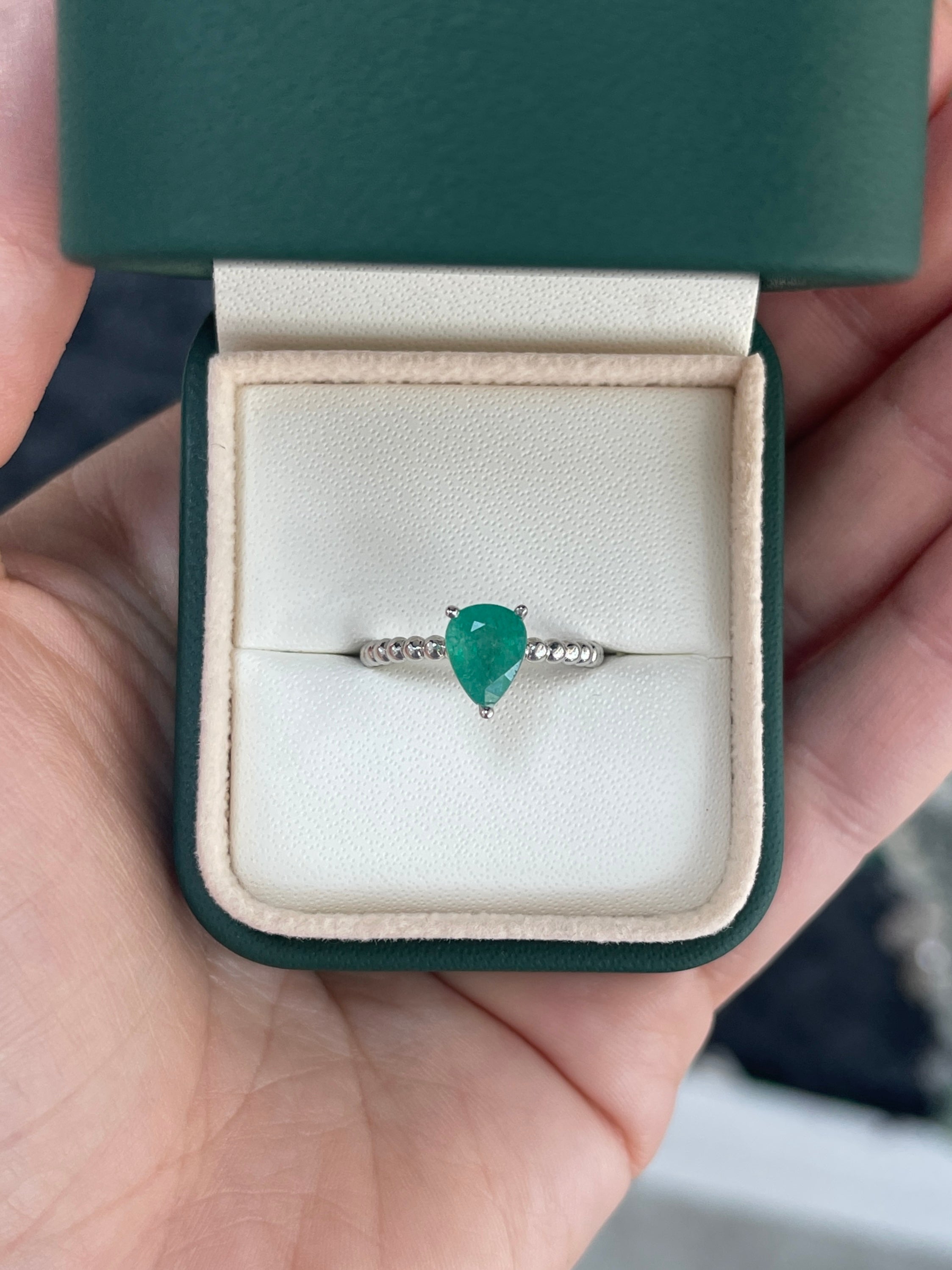 1.25ct 14K Solitaire Natural Pear Cut Emerald White Gold Beaded Ring - JR Colombian Emeralds