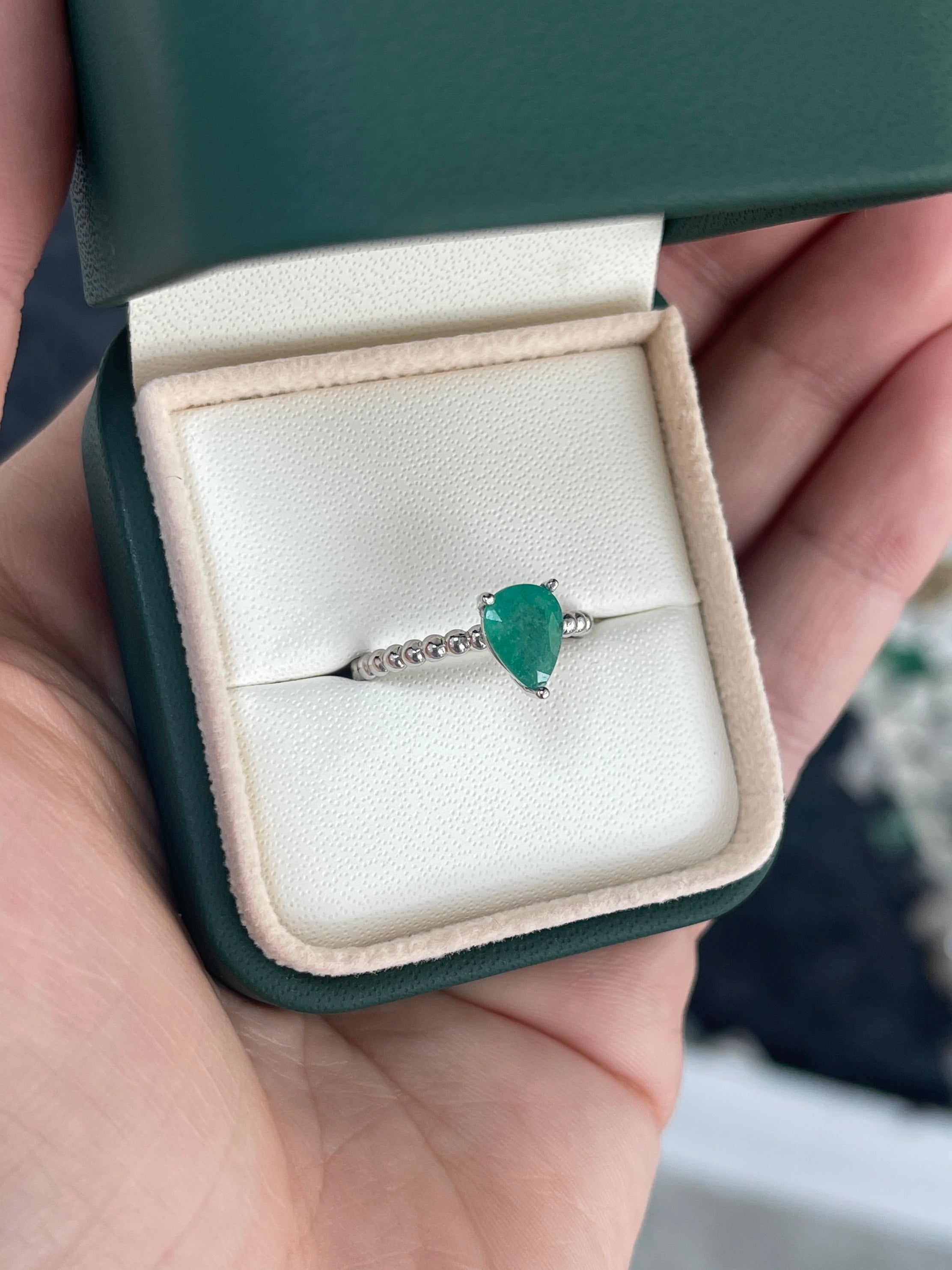 1.25ct 14K Solitaire Natural Pear Cut Emerald White Gold Beaded Ring - JR Colombian Emeralds