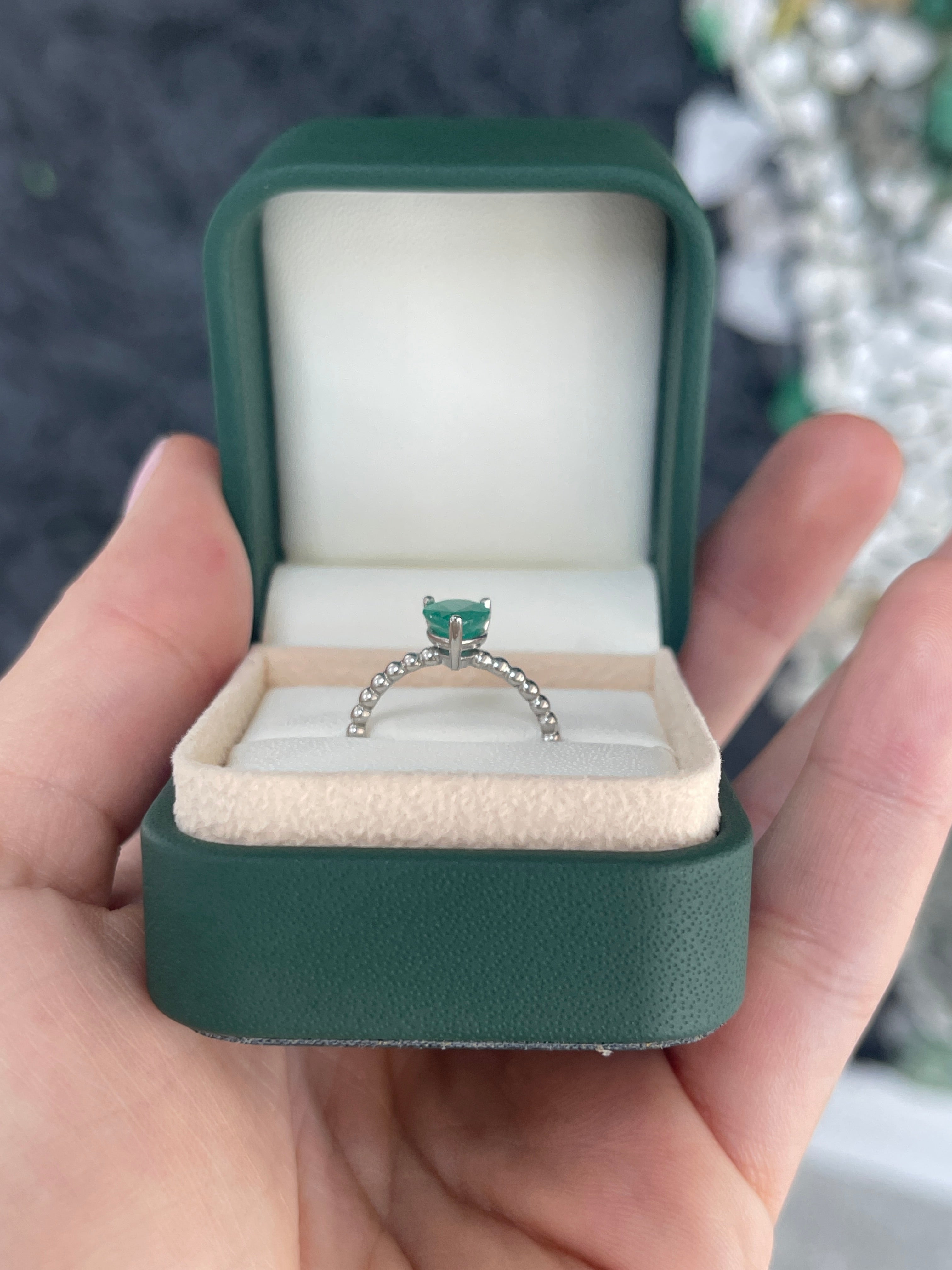 1.25ct 14K Solitaire Natural Pear Cut Emerald White Gold Beaded Ring - JR Colombian Emeralds