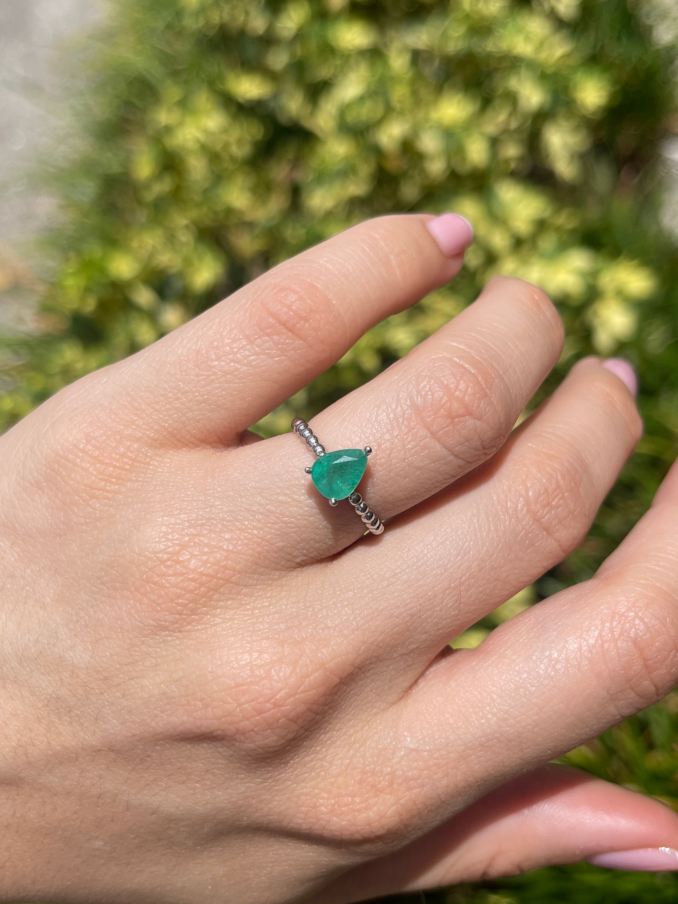 1.25ct 14K Solitaire Natural Pear Cut Emerald White Gold Beaded Ring - JR Colombian Emeralds