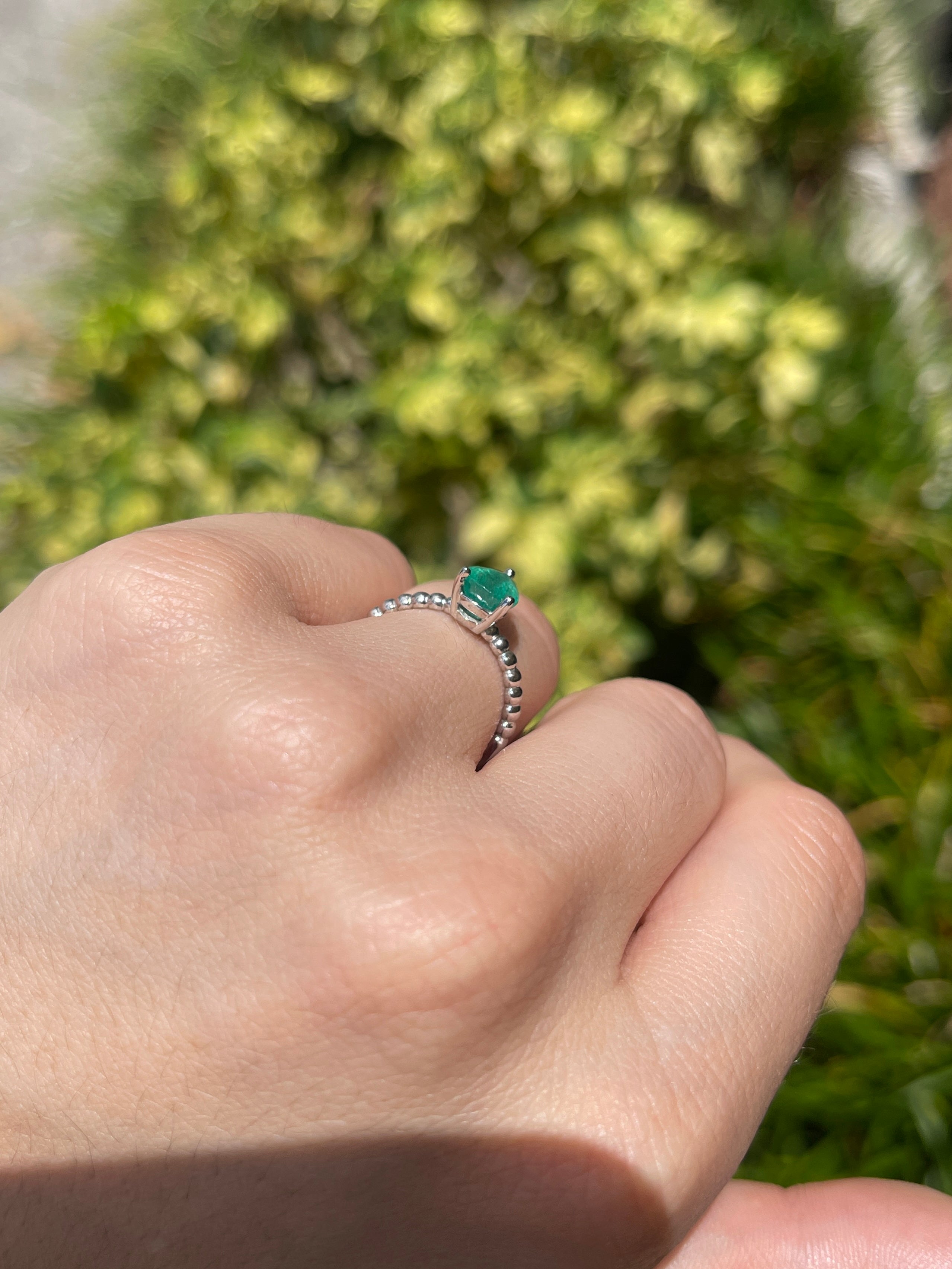 1.25ct 14K Solitaire Natural Pear Cut Emerald White Gold Beaded Ring - JR Colombian Emeralds