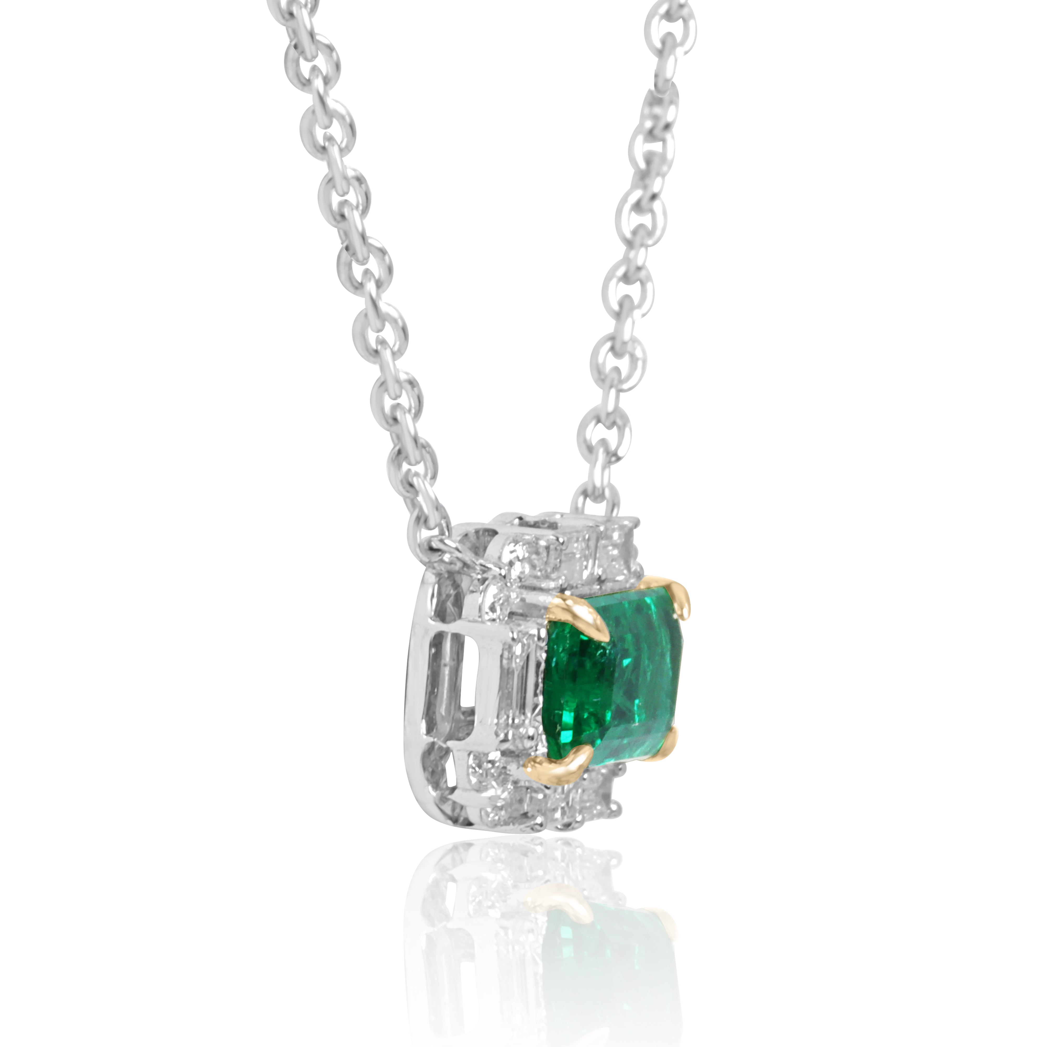 AAA+ natural emerald and baguette diamond halo east-west station necklace in 18K gold by JR Colombian Emeralds