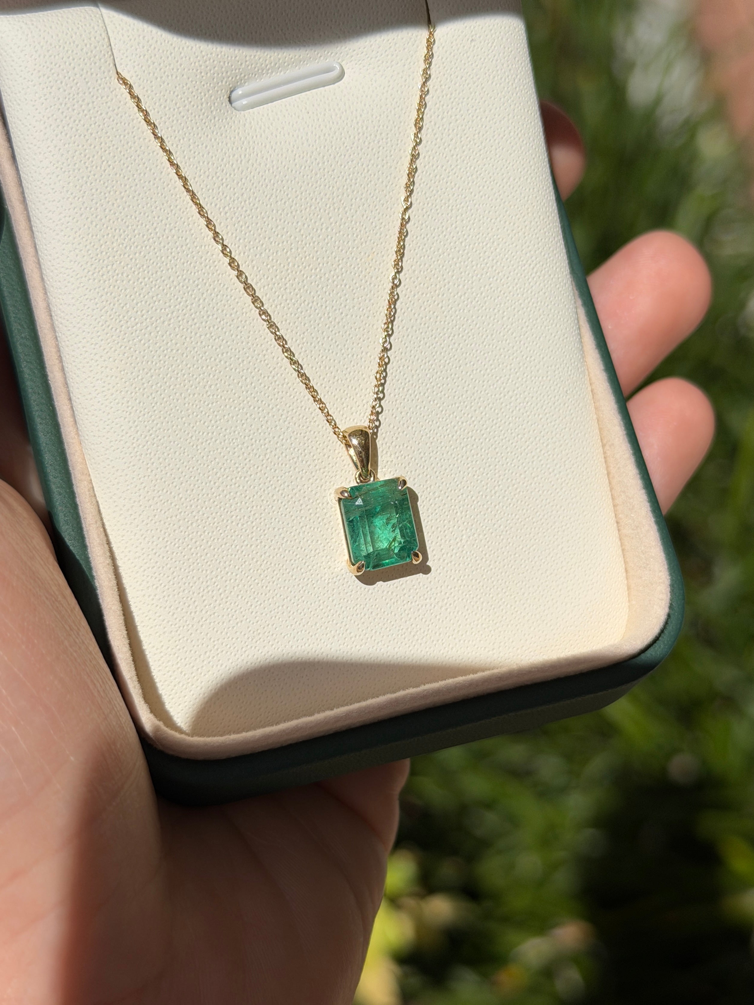 14K gold emerald solitaire necklace with 4.25ct earthy natural emerald gemstone, elegant jewelry piece by JR Colombian Emeralds