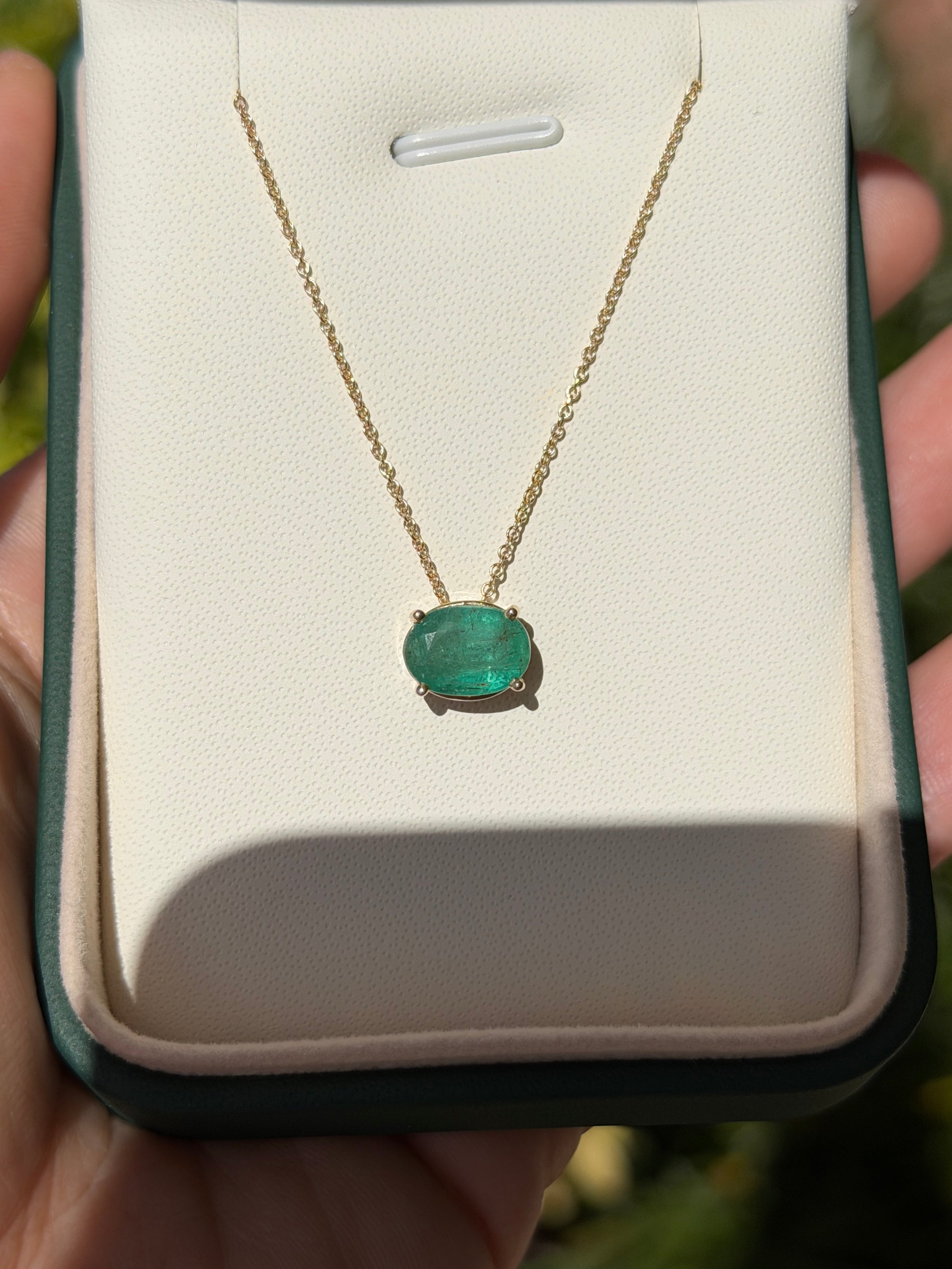 Emerald oval slider necklace with 2.15 carat solitaire emerald, 14K gold chain, by JR Colombian Emeralds