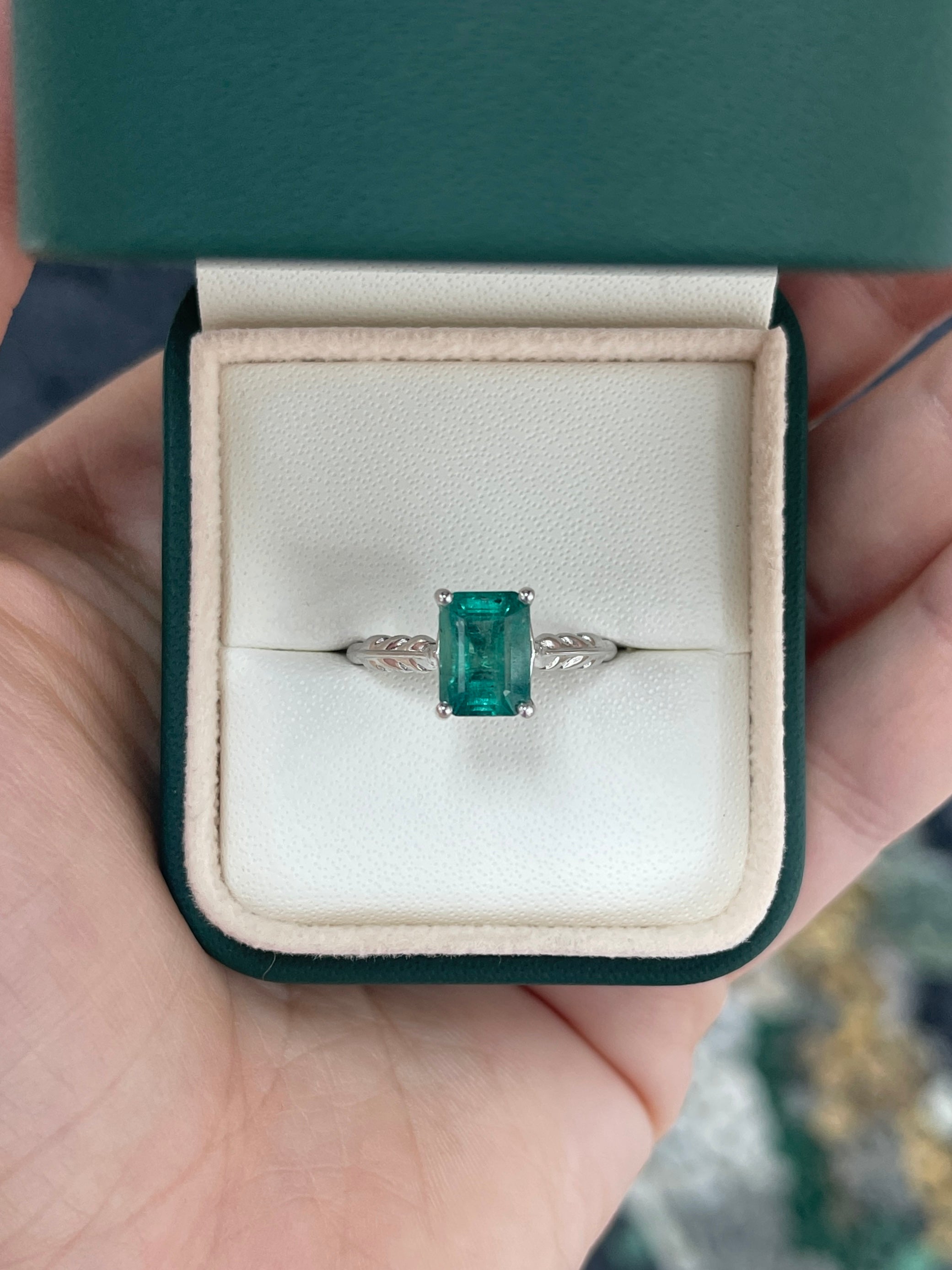 2.55ct Natural Bluish Green Emerald Cut Emerald Solitaire Floral Right Hand Ring 14K White Gold - JR Colombian Emeralds
