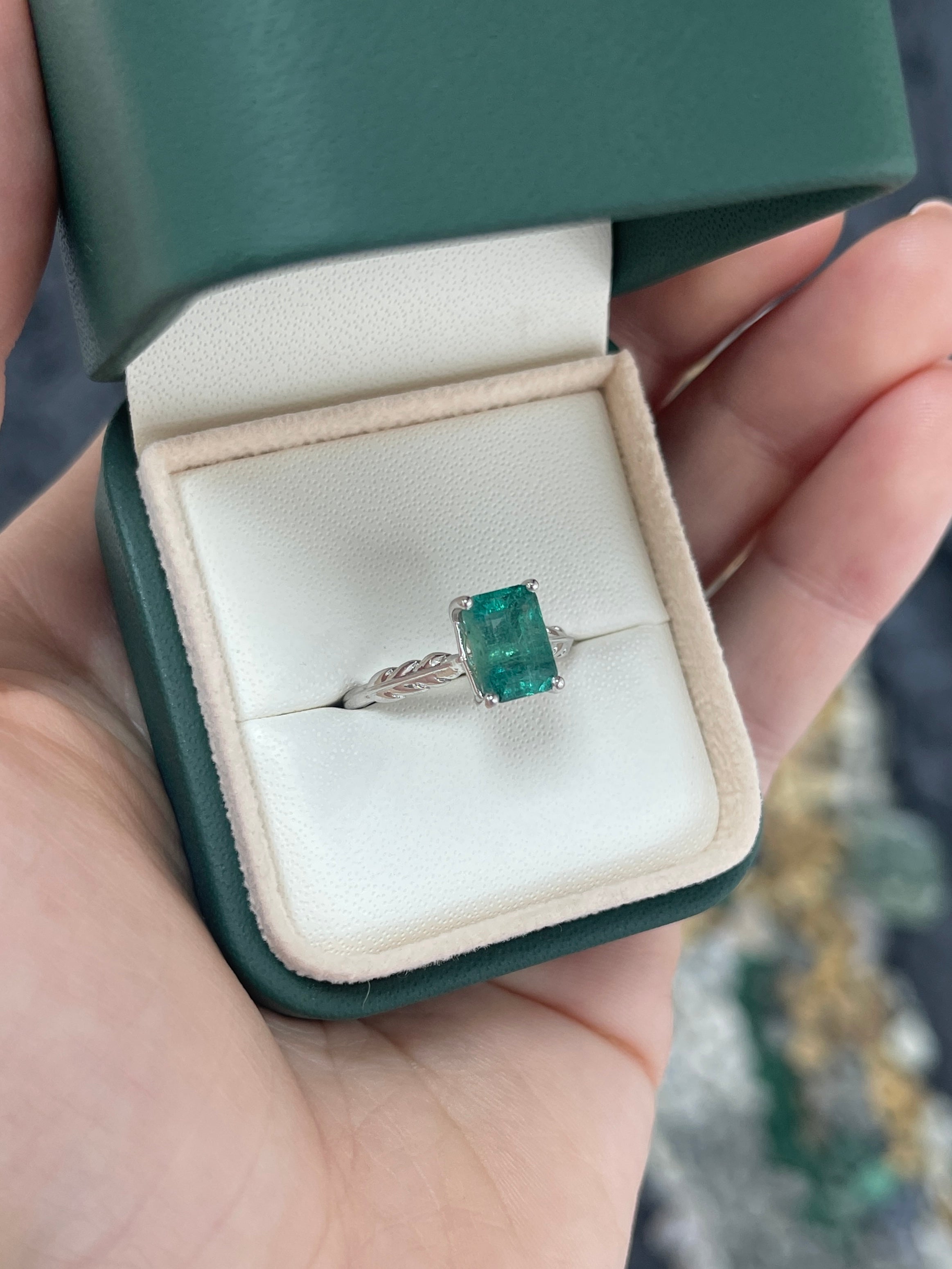 2.55ct Natural Bluish Green Emerald Cut Emerald Solitaire Floral Right Hand Ring 14K White Gold - JR Colombian Emeralds