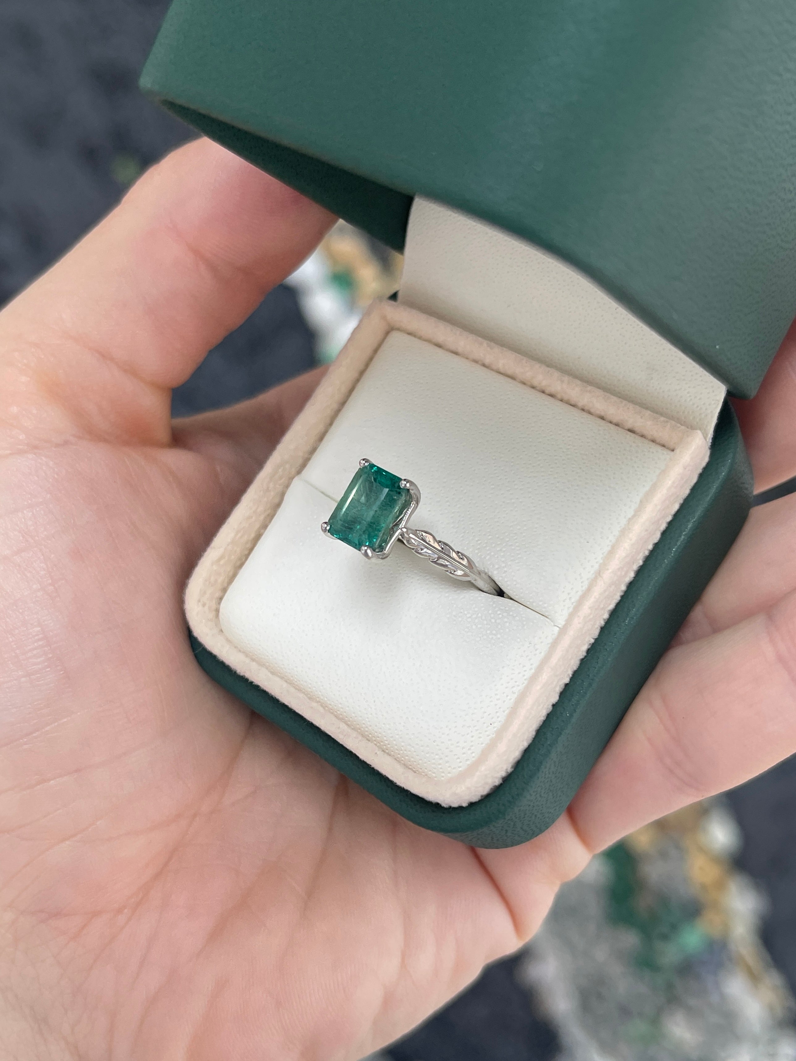 2.55ct Natural Bluish Green Emerald Cut Emerald Solitaire Floral Right Hand Ring 14K White Gold - JR Colombian Emeralds