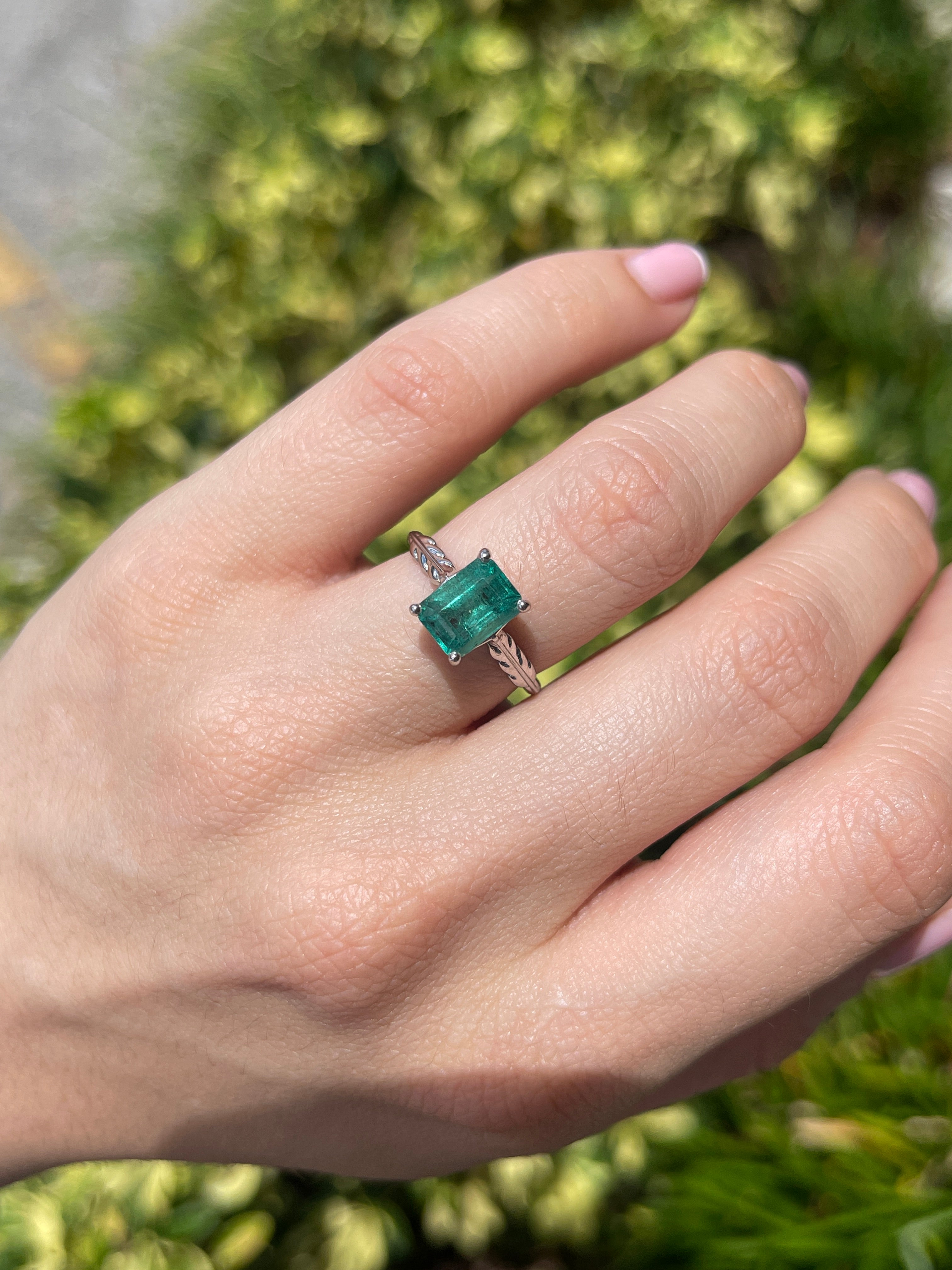 2.55ct Natural Bluish Green Emerald Cut Emerald Solitaire Floral Right Hand Ring 14K White Gold - JR Colombian Emeralds