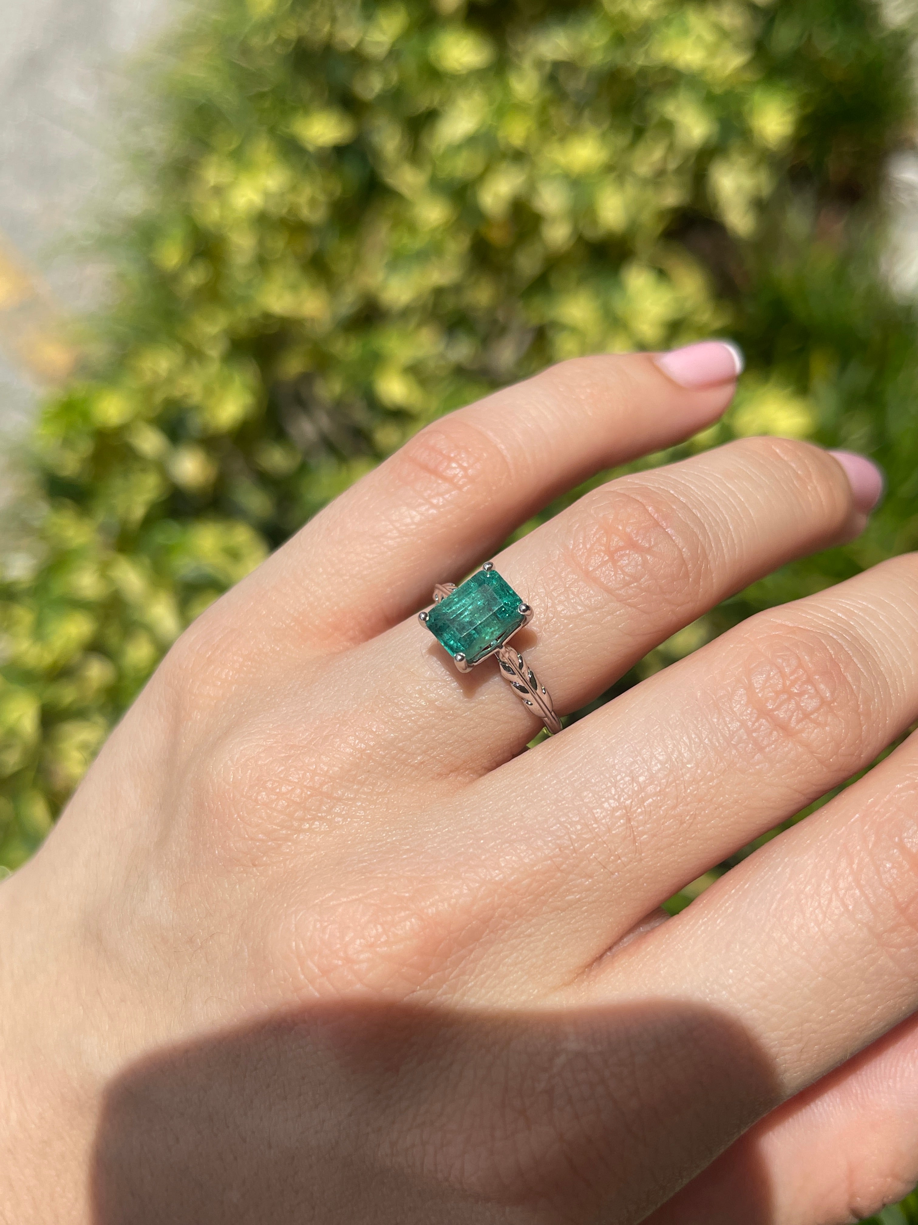2.55ct Natural Bluish Green Emerald Cut Emerald Solitaire Floral Right Hand Ring 14K White Gold - JR Colombian Emeralds