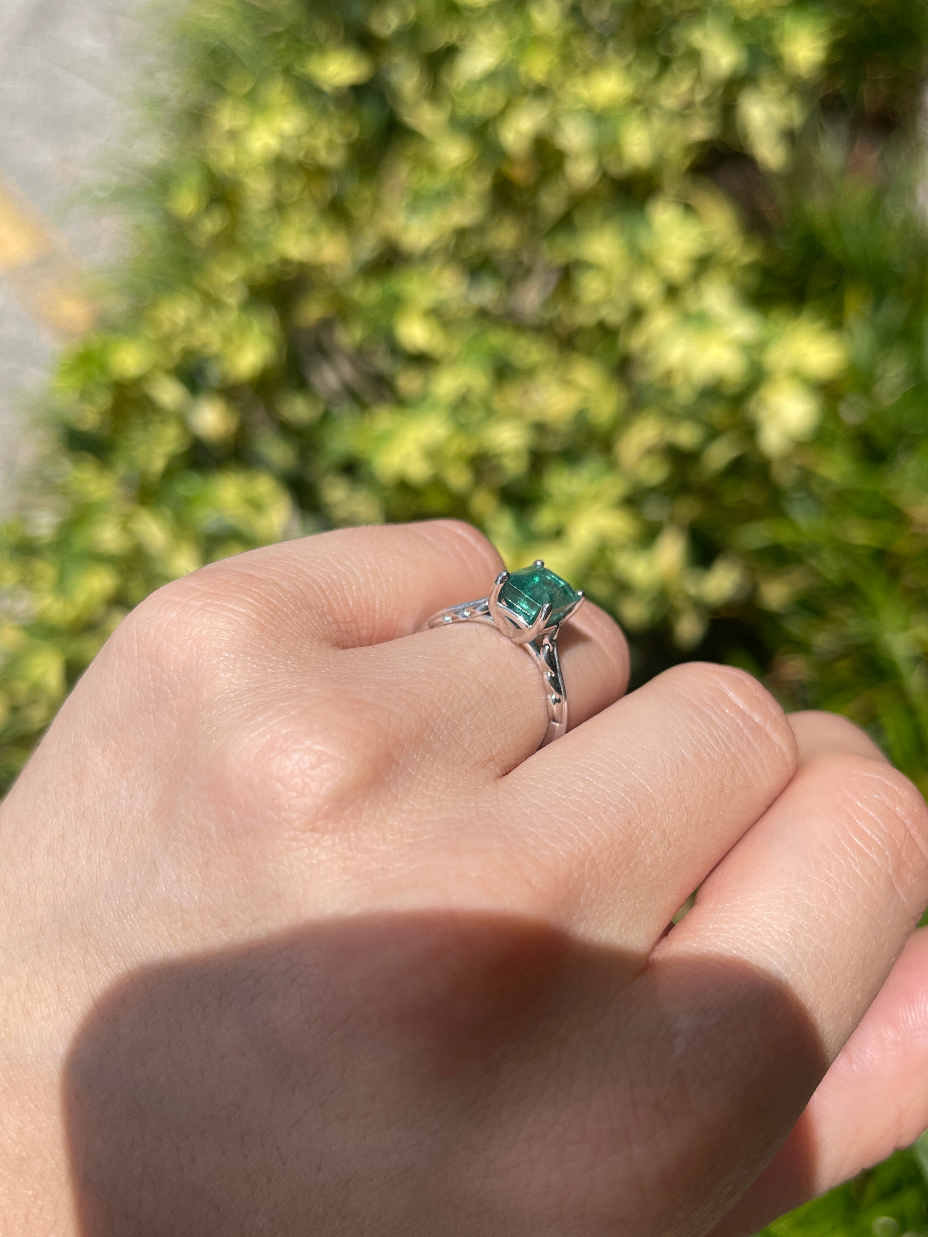 2.55ct Natural Bluish Green Emerald Cut Emerald Solitaire Floral Right Hand Ring 14K White Gold - JR Colombian Emeralds