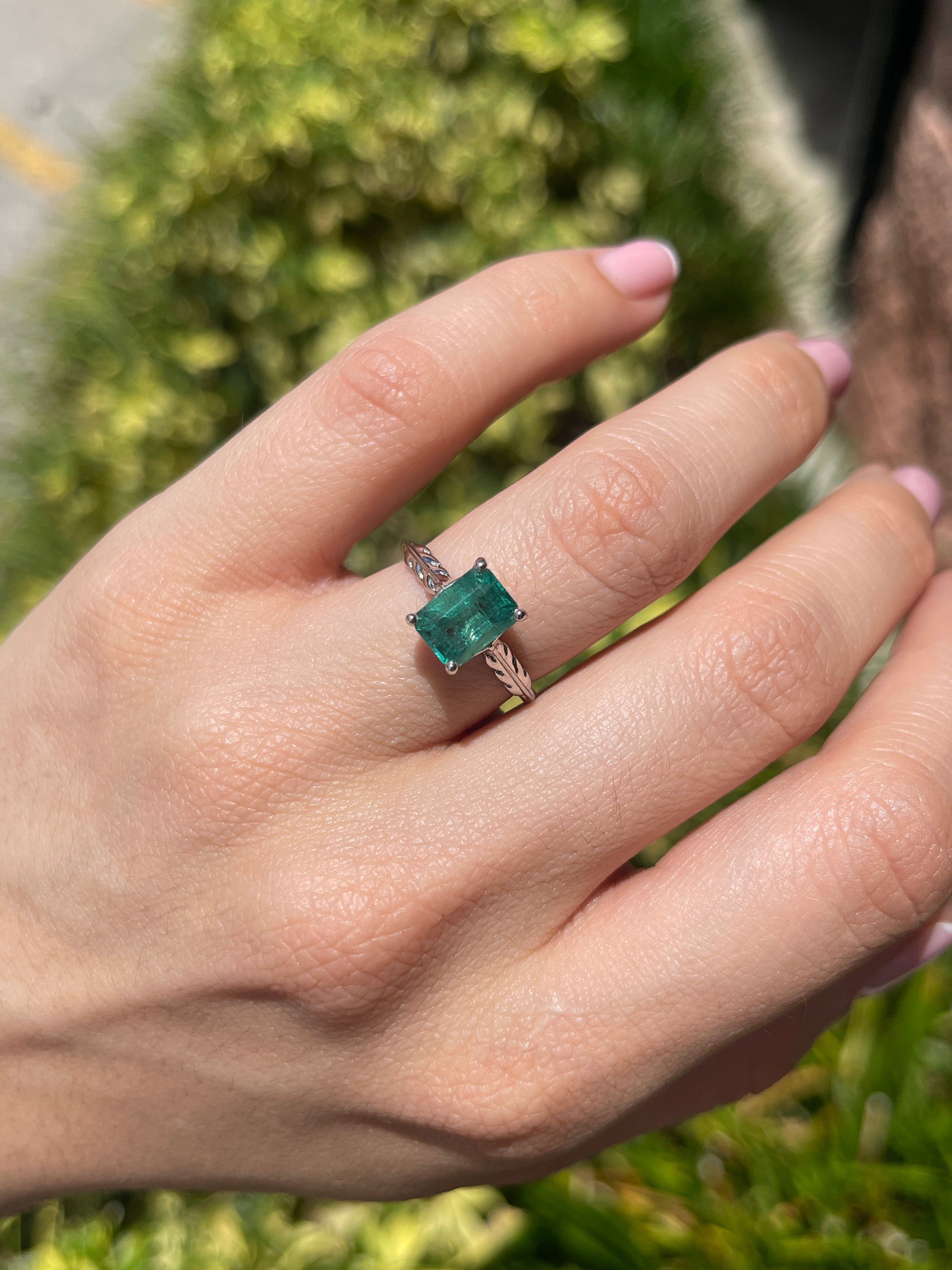 2.55ct Natural Bluish Green Emerald Cut Emerald Solitaire Floral Right Hand Ring 14K White Gold - JR Colombian Emeralds