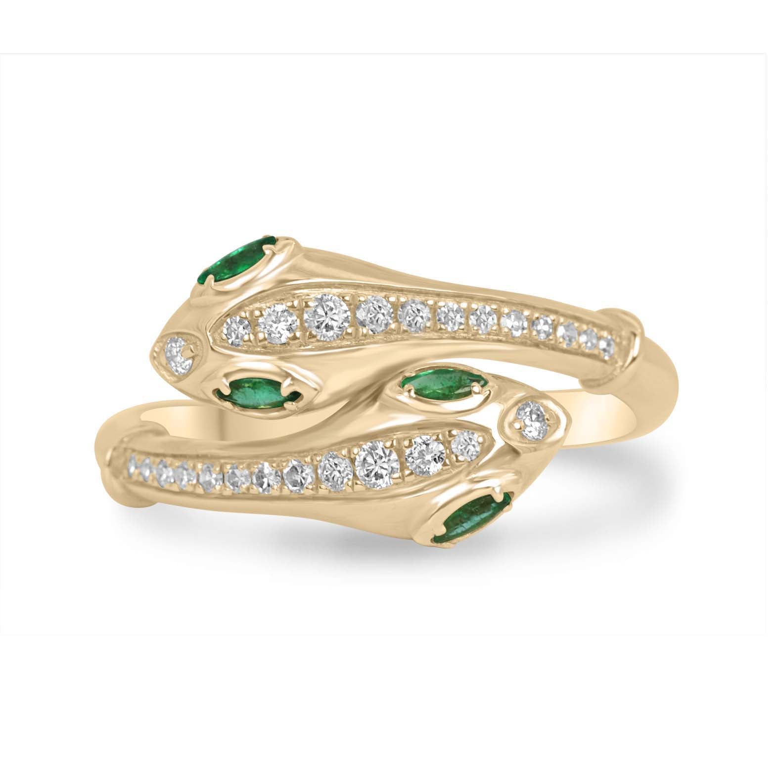 Double Serpent Head Natural Emerald & Diamond Bypass Ring 14K Gold