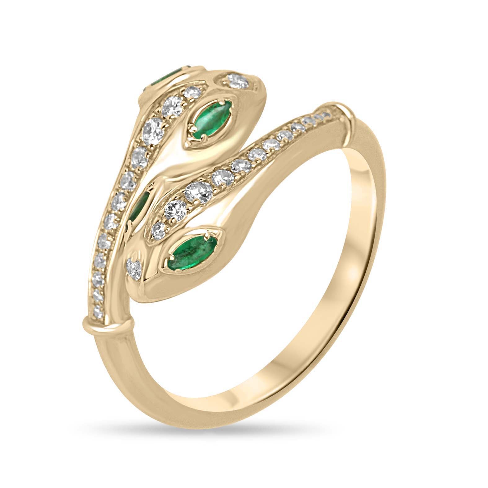 Double Serpent Head Natural Emerald & Diamond Bypass Ring 14K Gold