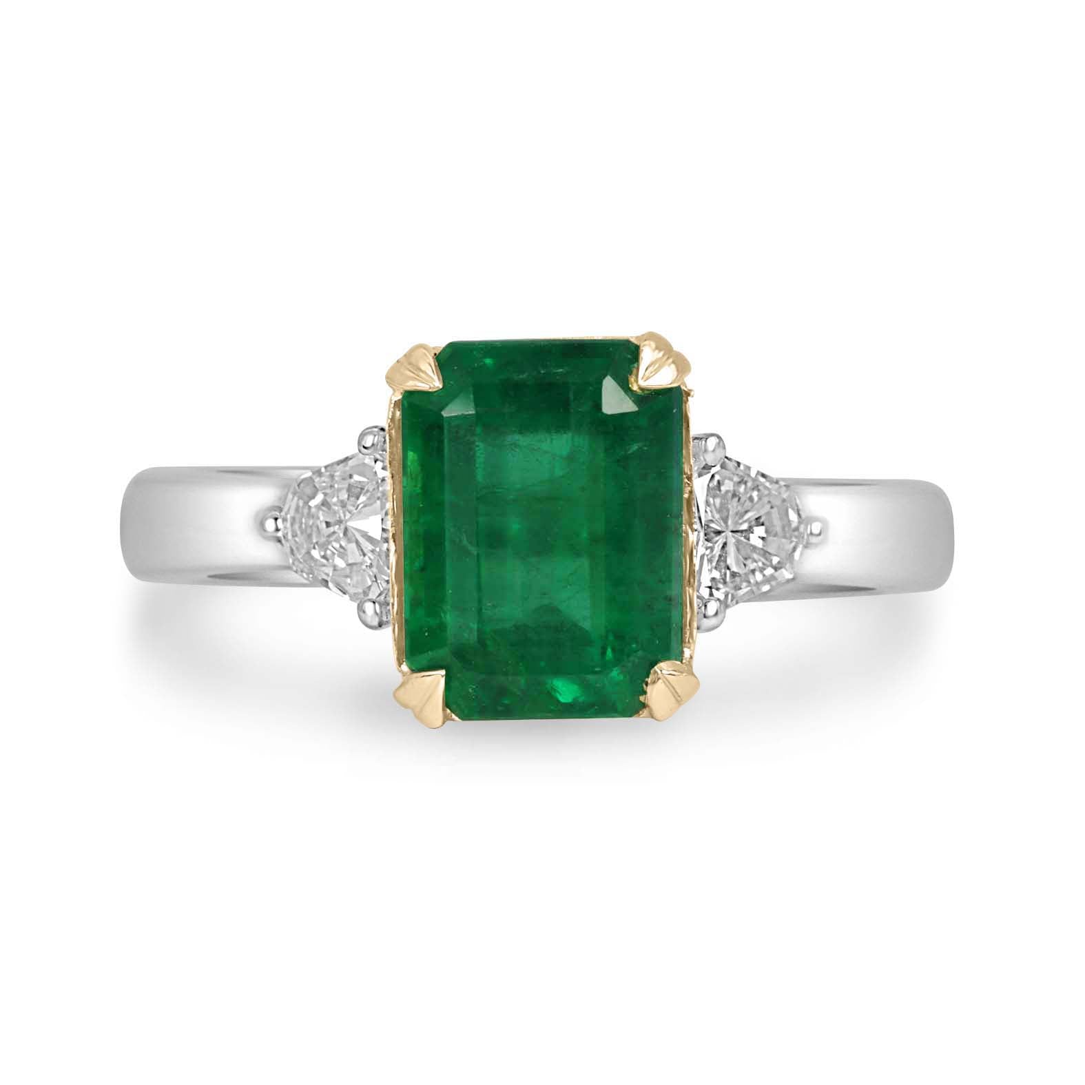 2.91tcw 14K/PLAT Vivid Green Natural Emerald Cut Emerald & Shield Cut Diamond Three Stone Ring
