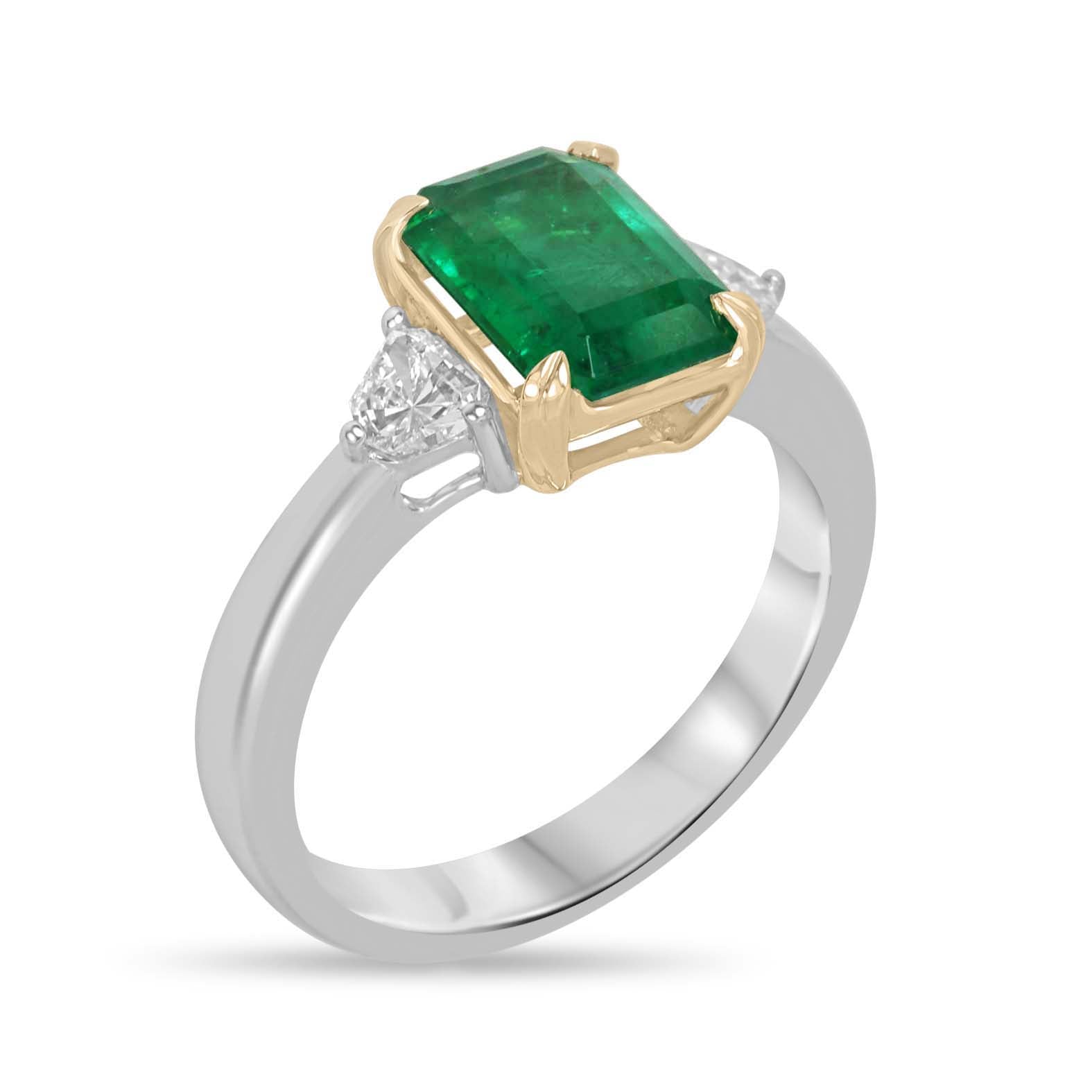 2.91tcw 14K/PLAT Vivid Green Natural Emerald Cut Emerald & Shield Cut Diamond Three Stone Ring