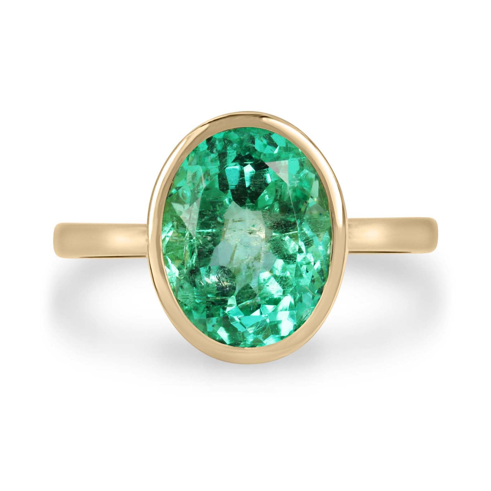 3.15cts 14K Bezel Set Oval Emerald Solitaire Engagement Ring