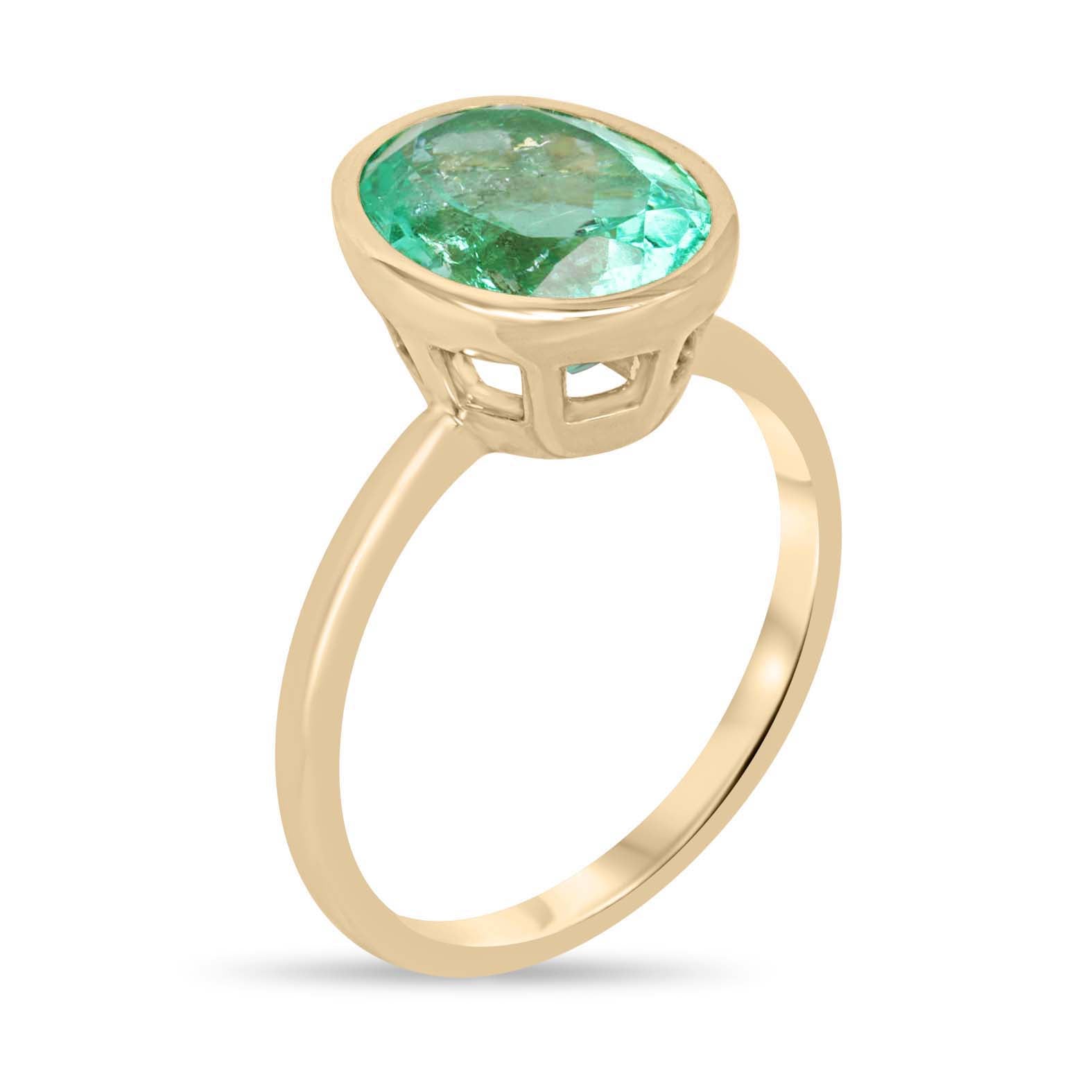 3.15cts 14K Bezel Set Oval Emerald Solitaire Engagement Ring