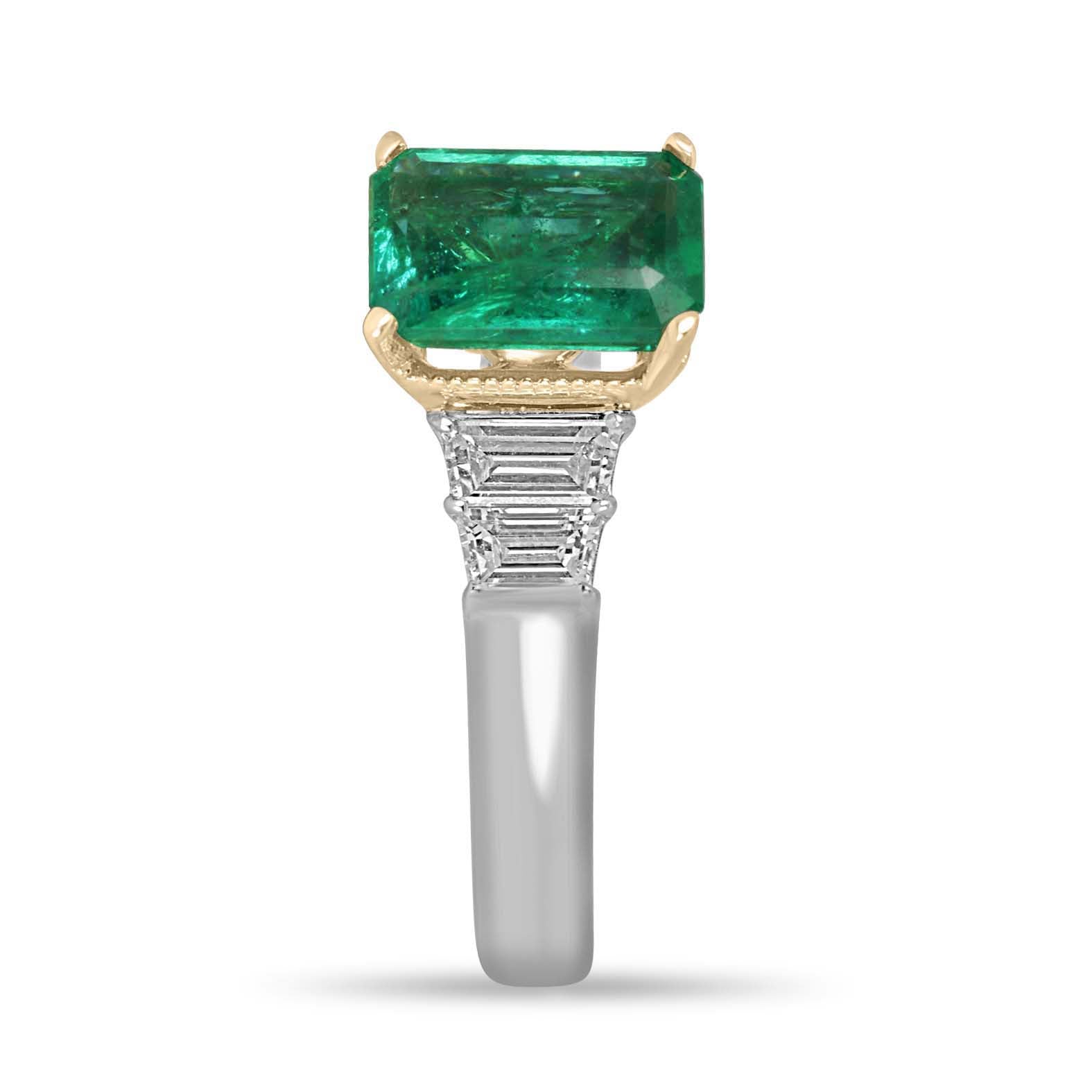 2.39tcw 14K/PLAT Natural Bluish Green Emerald Cut Emerald & Trapezoid Diamond Five Stone Ring