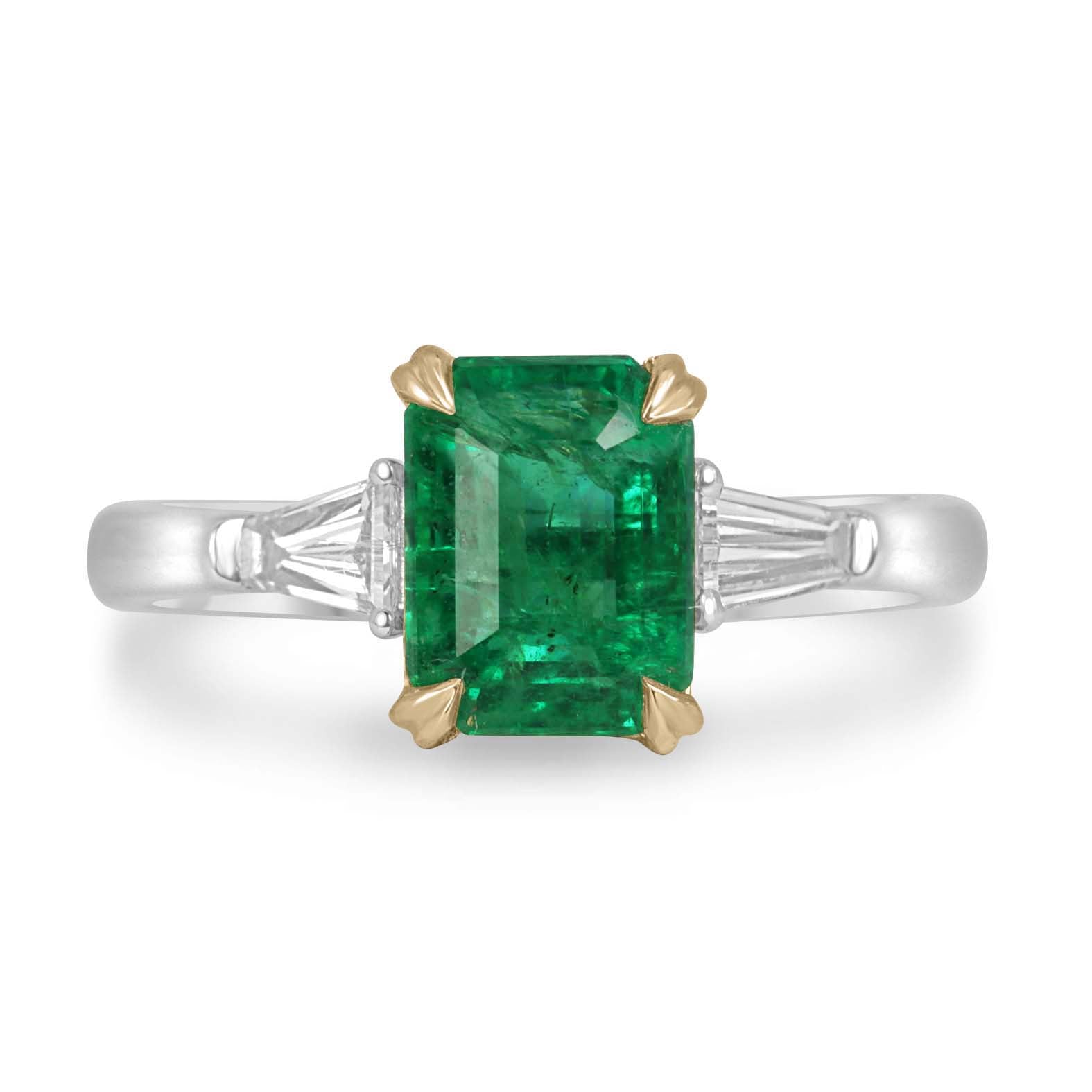 2.75tcw 14K/PLAT Natural Emerald Cut Emerald & Tapered Baguette Diamond Three Stone Engagement Ring