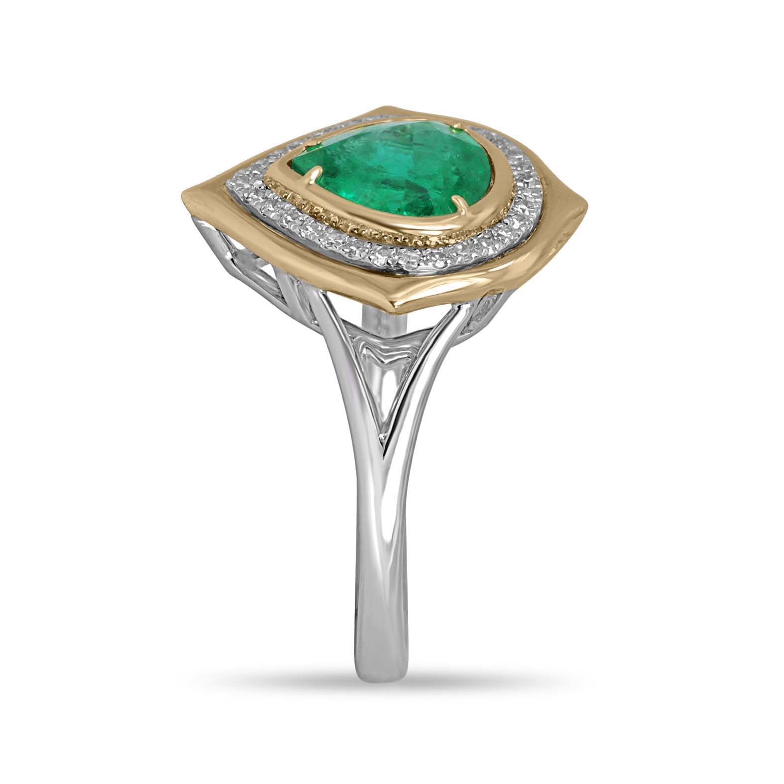 2.19tcw Chunky Natural Pear Emerald & Diamond Halo 14K & Platinum Split Shank Statement Ring