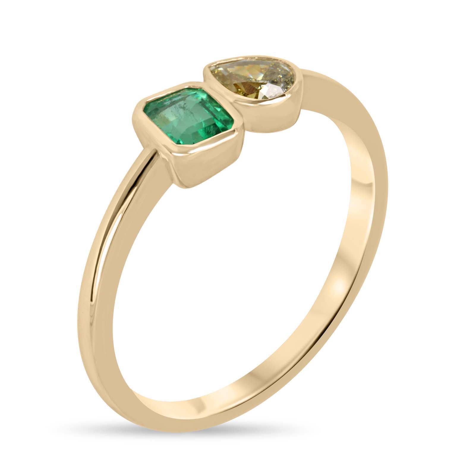Natural Emerald Cut Emerald & Pear Fancy Yellow Diamond Toi Et Moi 14K