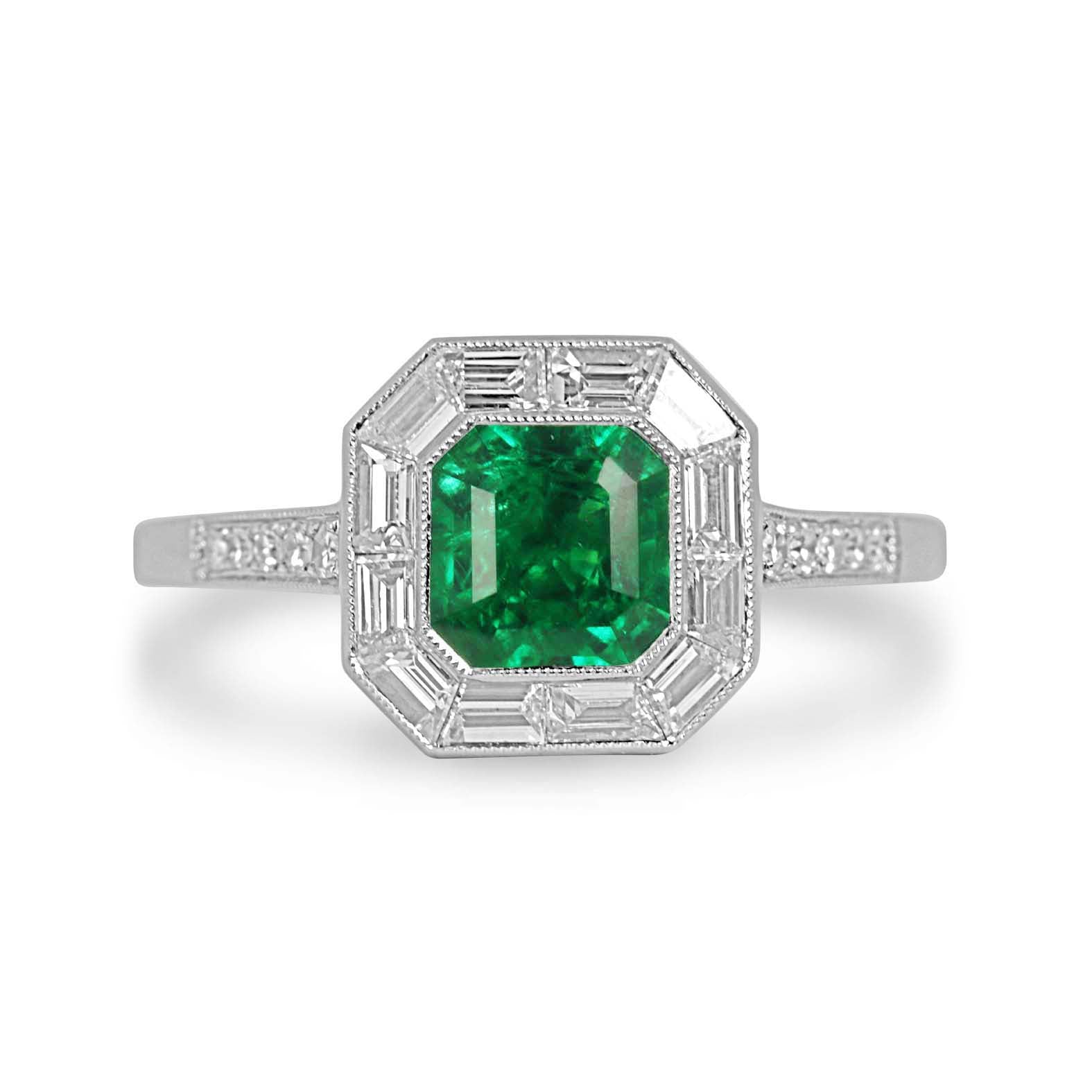 1.55tcw AAA+ Platinum Asscher Cut Emerald & Baguette Diamond Halo Art Deco Ring