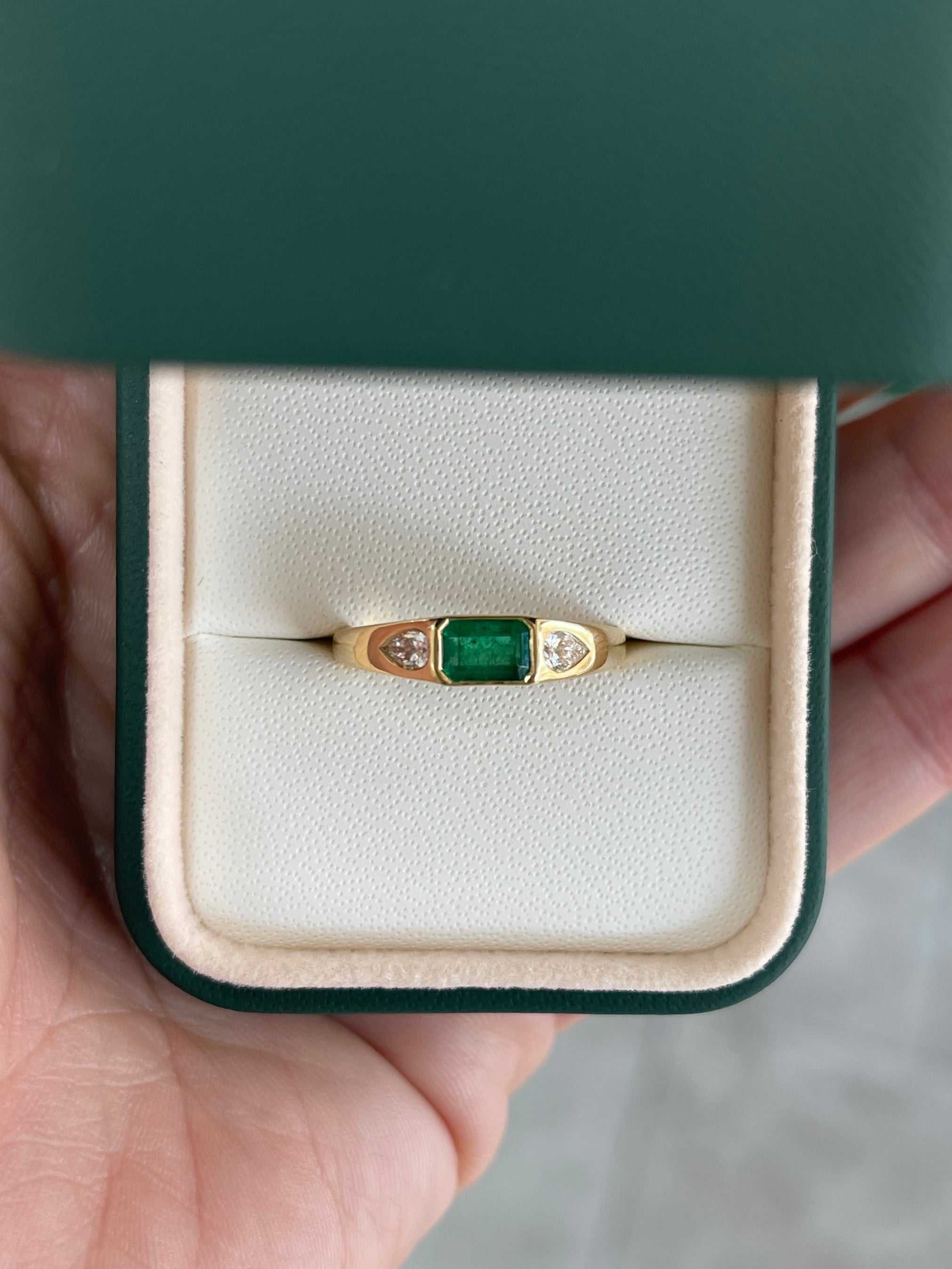 0.91tcw 18K Rich Green Natural Emerald & Pear Diamond Three Stone Band Ring - JR Colombian Emeralds