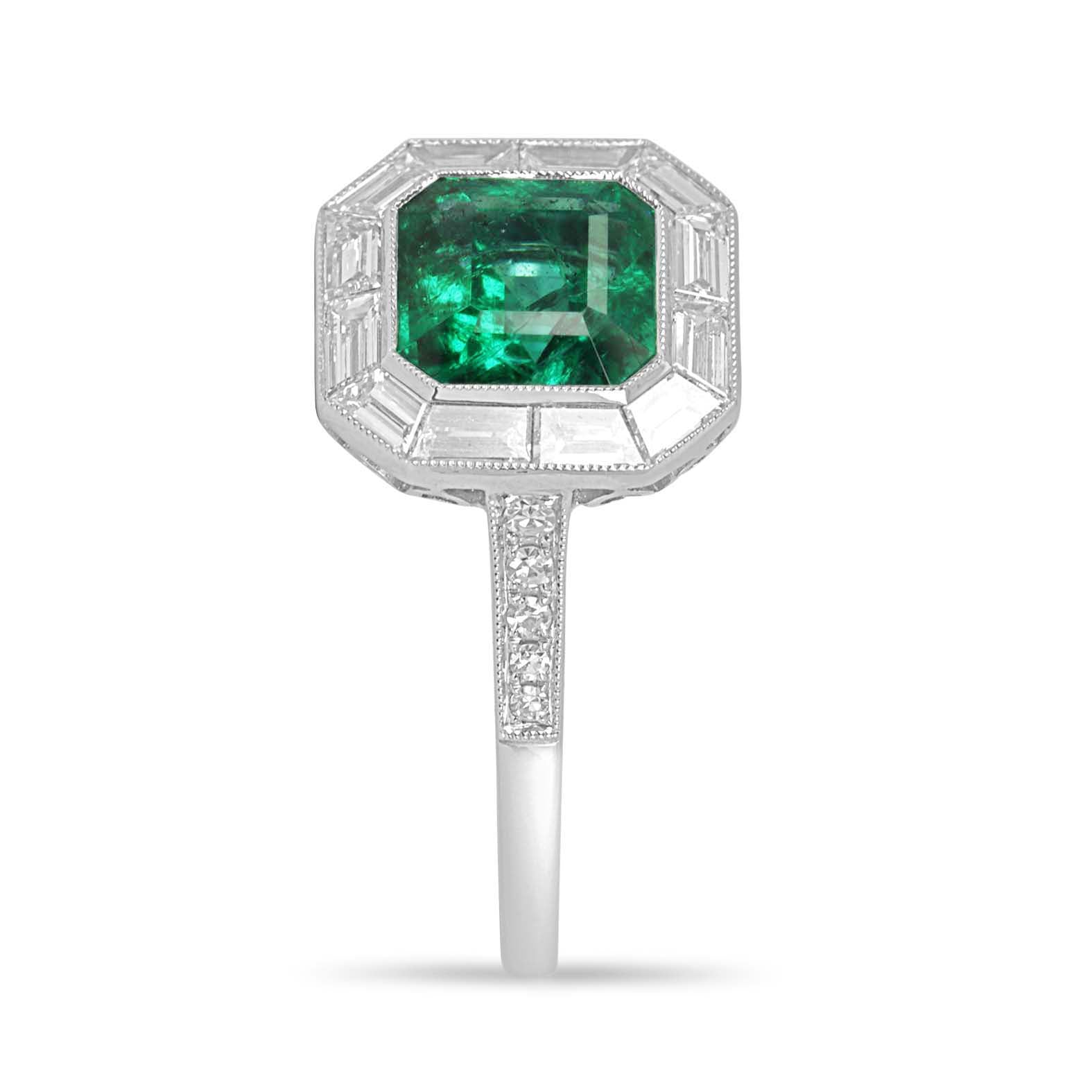 2.22tcw AAA+ Platinum Asscher Cut Emerald & Baguette Diamond Halo Art Deco Ring
